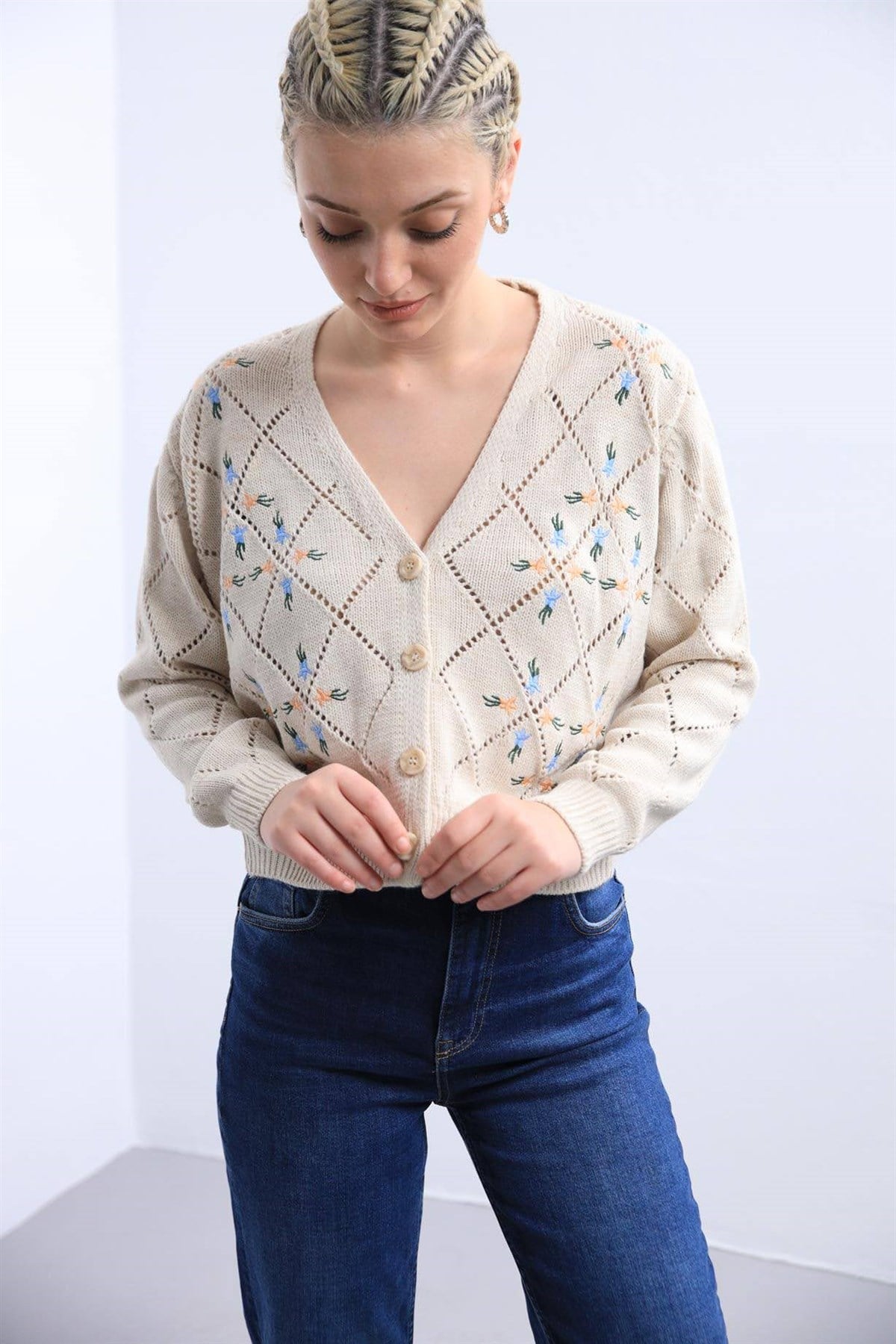 Krem İşlemeli Örme Hırka - Şaman Butik - Bohem Giyim ve Aksesuar | Kadın & Erkek Krem İşlemeli Örme Hırka