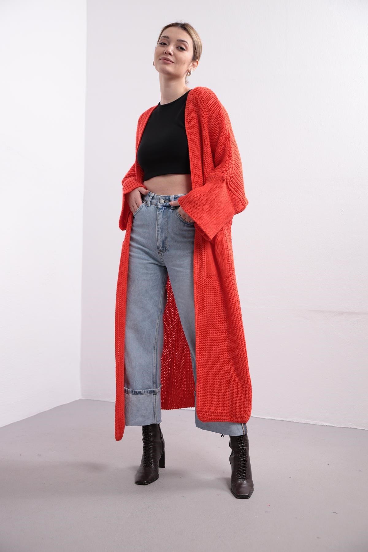  Nar Çiçeği Cepli Triko Hırka