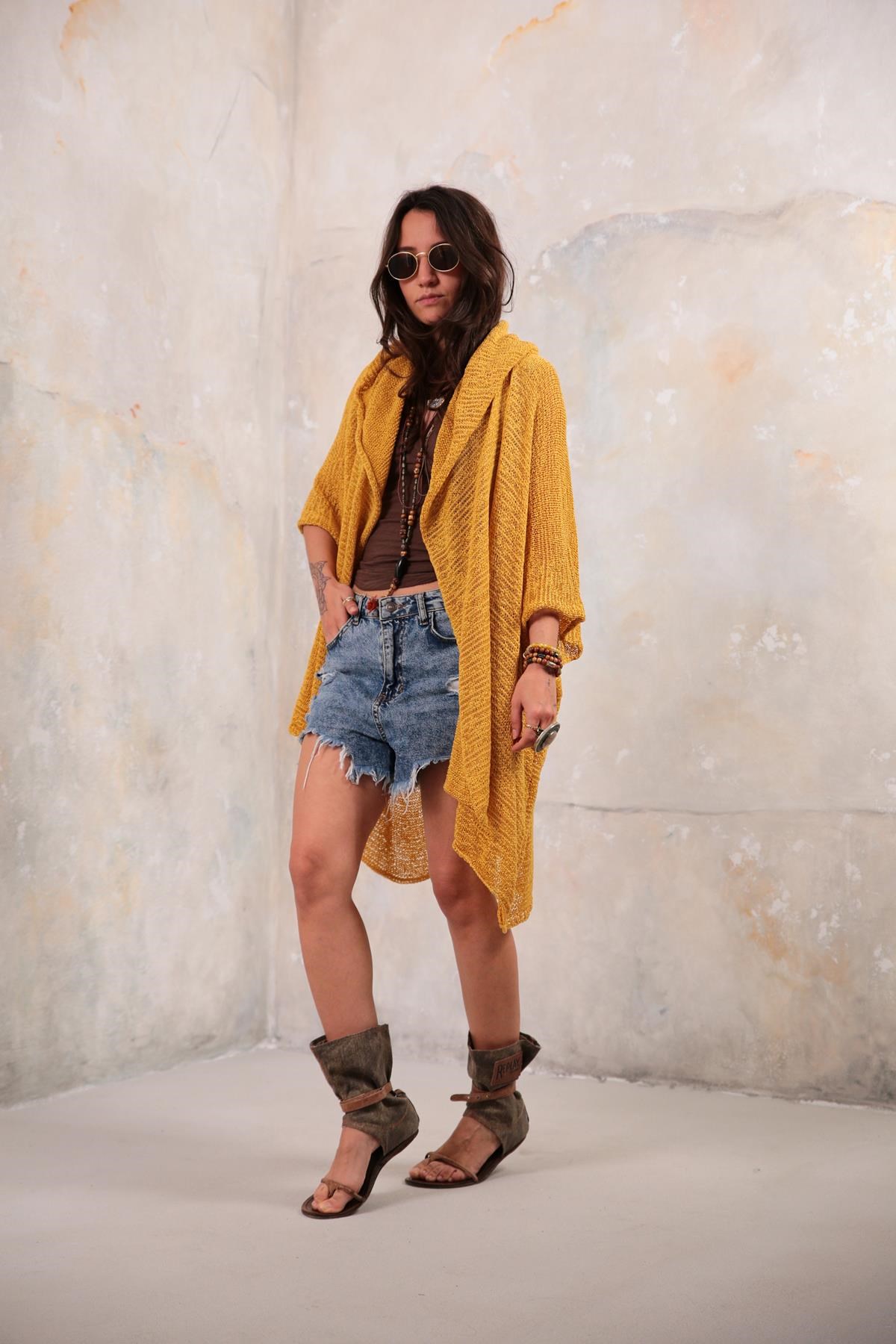 Sarı Kapüşonlu Merserize Hırka - Şaman Butik - Bohem Giyim ve Aksesuar | Kadın & Erkek Sarı Kapüşonlu Merserize Hırka