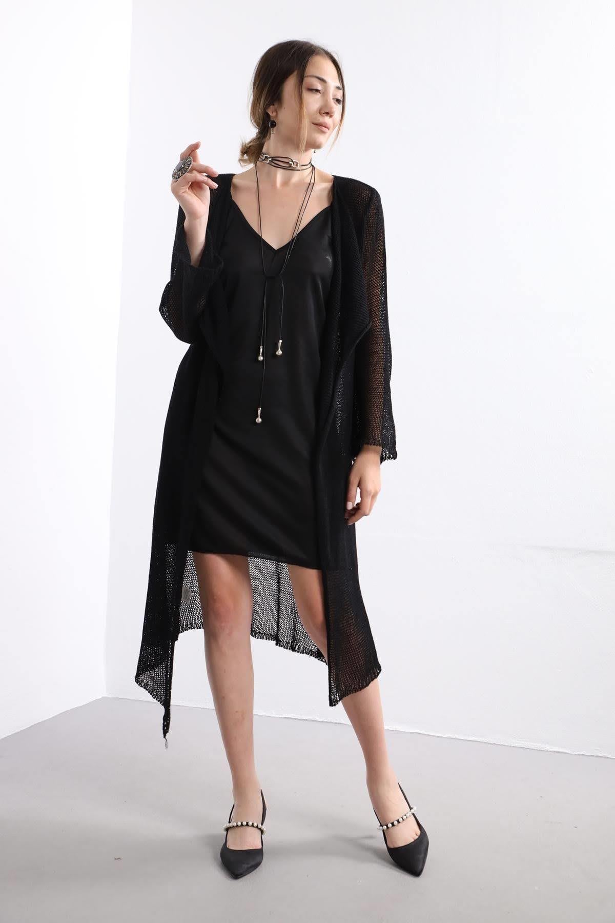 Siyah Yakalı Uzun Merserize Hırka - Şaman Butik - Bohem Giyim ve Aksesuar | Kadın & Erkek Siyah Yakalı Uzun Merserize Hırka