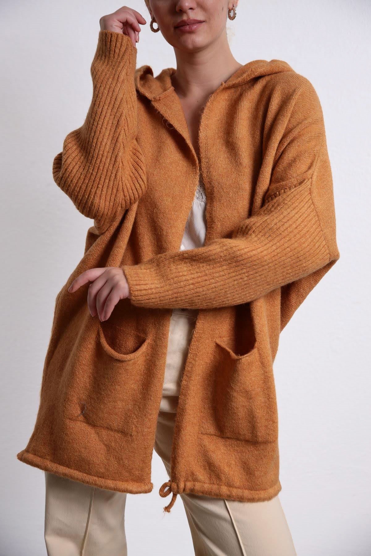 Navy Blue Floral Stitched Waist Shirt Dress - Şaman Butik Tan Color Double Pocket Cardigan with Hood