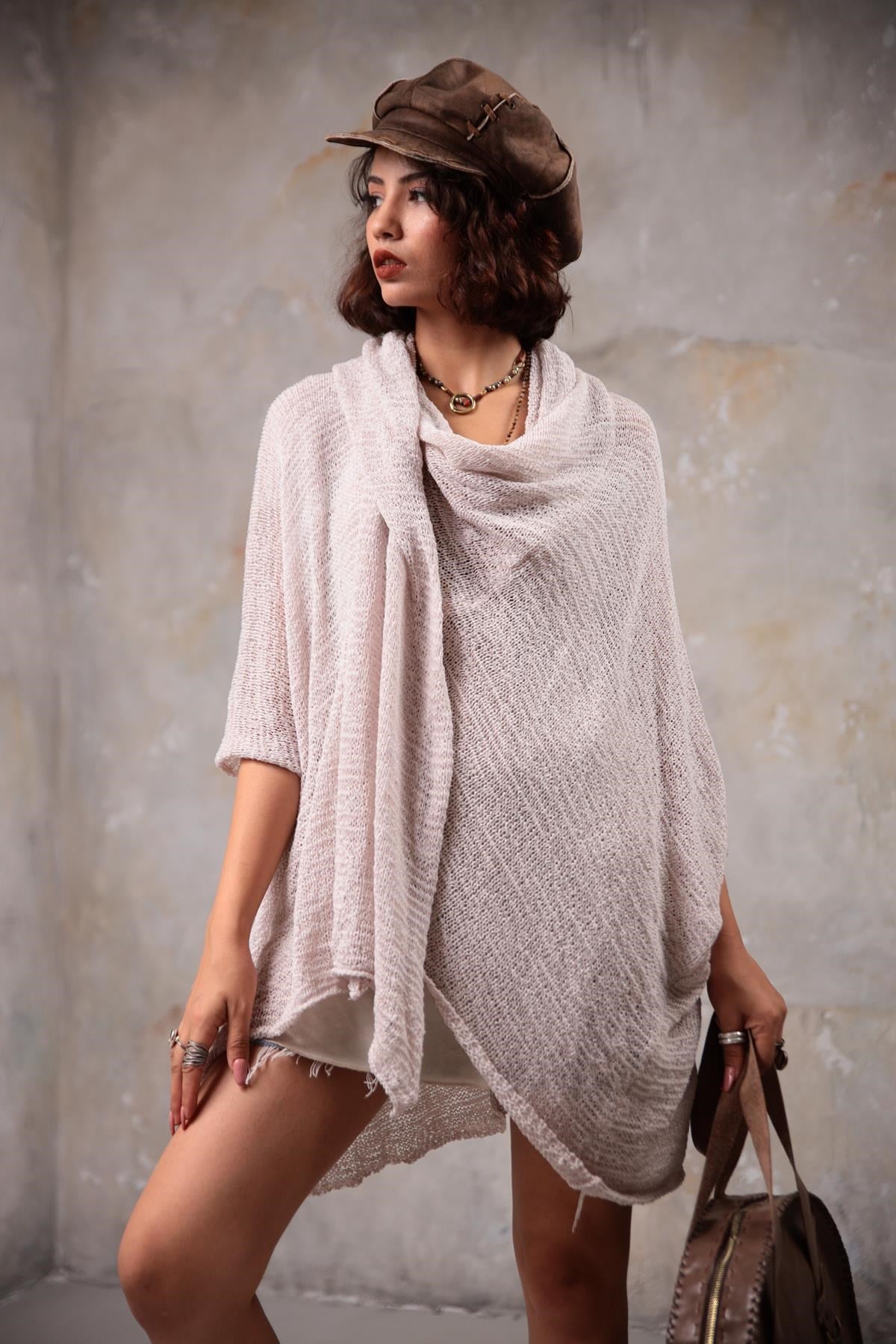 Taş Rengi Kapüşonlu Merserize Hırka - Şaman Butik Taş Rengi Kapüşonlu Merserize Hırka