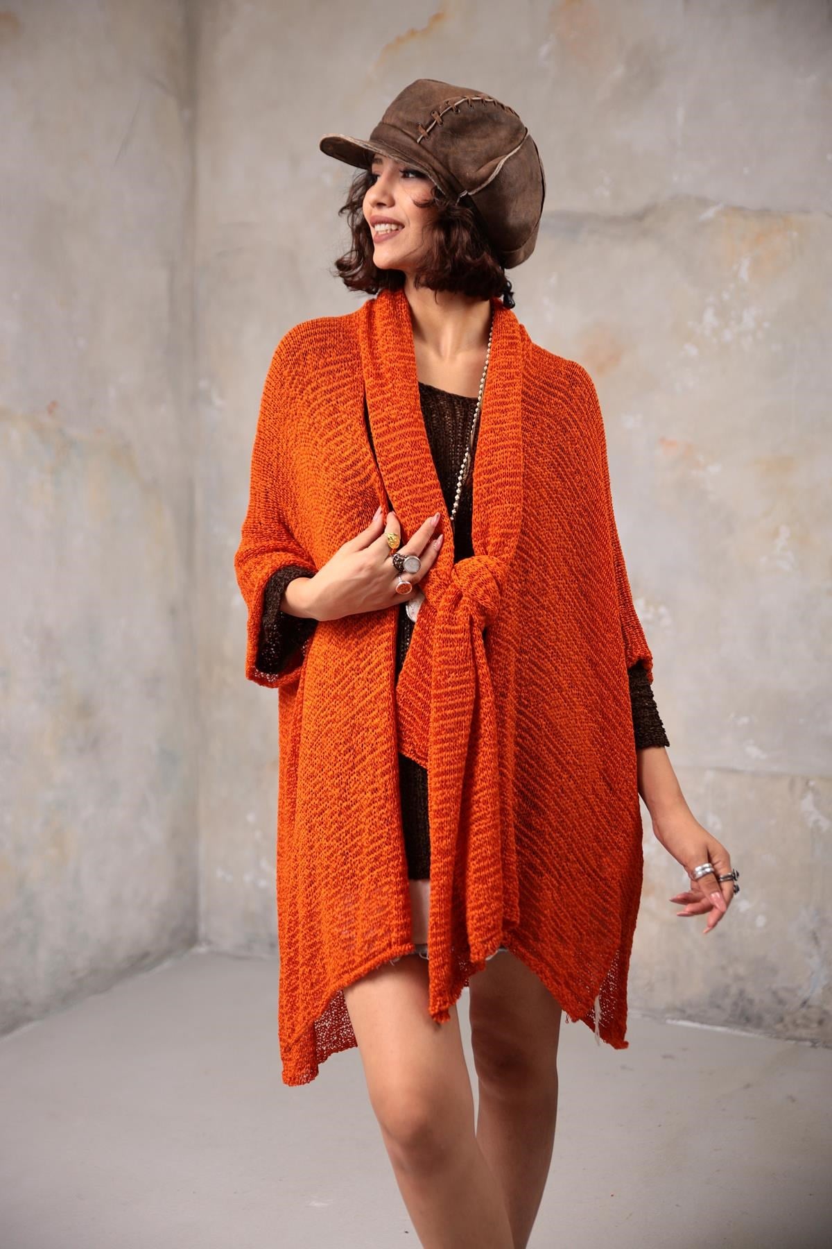 Orange Shawl Collar Mercerized Cardigan - Saman Butik | Shop Online Orange Shawl Collar Mercerized Cardigan