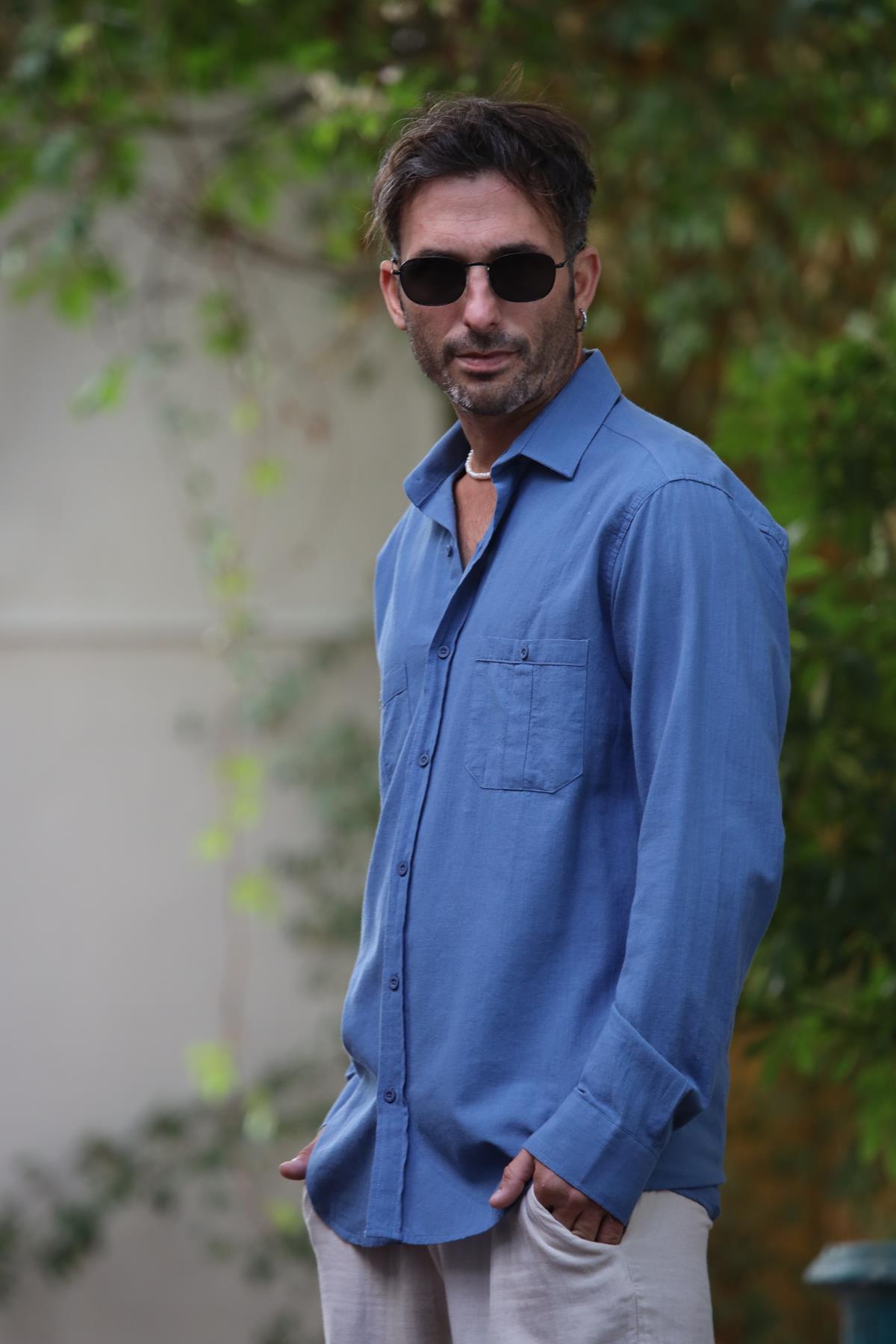 İndigo Mavi Çift Cepli Uzun Kollu Erkek Gömlek