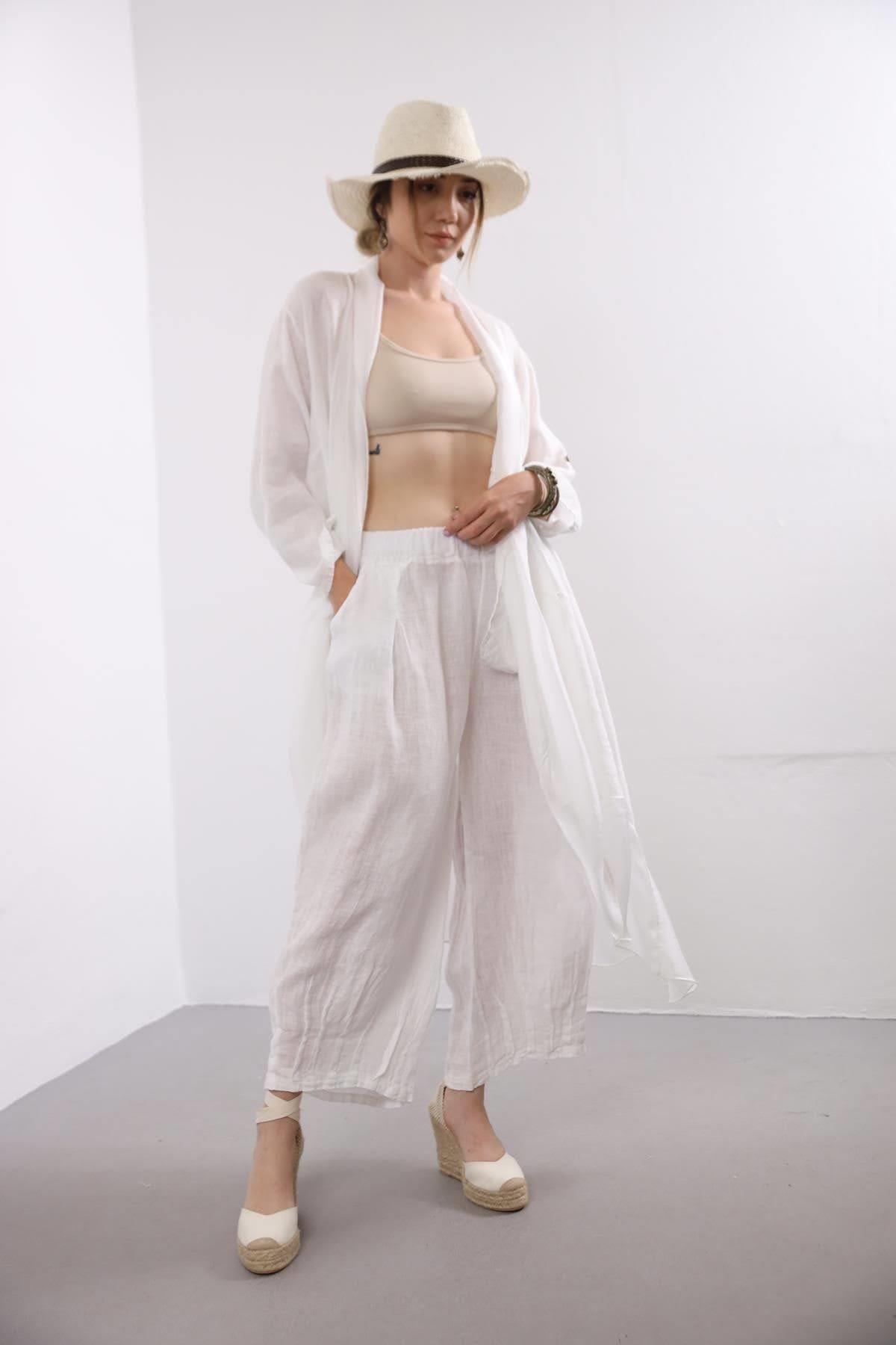  Beyaz İpek Detaylı Cepli Kaftan