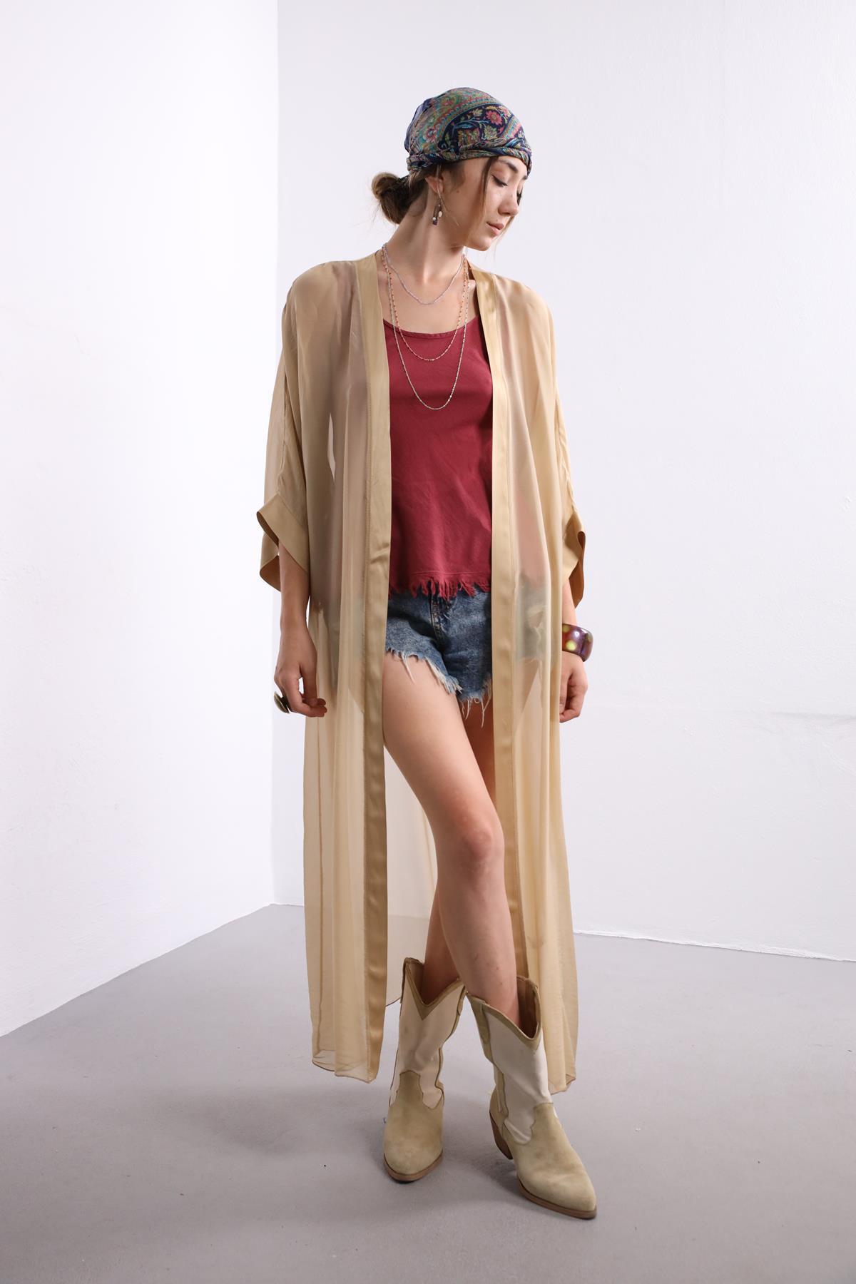 Camel Rengi İpek Kaftan - Şaman Butik Camel Rengi İpek Kaftan