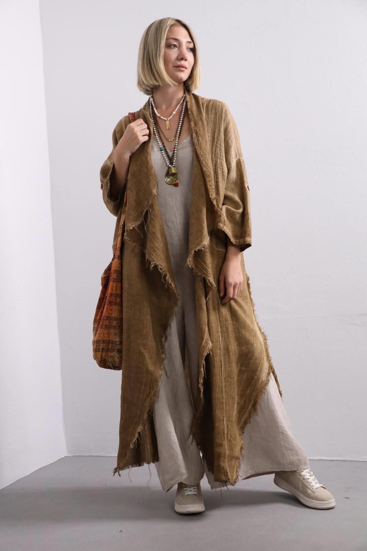 Camel Rengi Saçaklı Kolu Apoletli Keten Kaftan - Şaman Butik Camel Rengi Saçaklı Kolu Apoletli Keten Kaftan