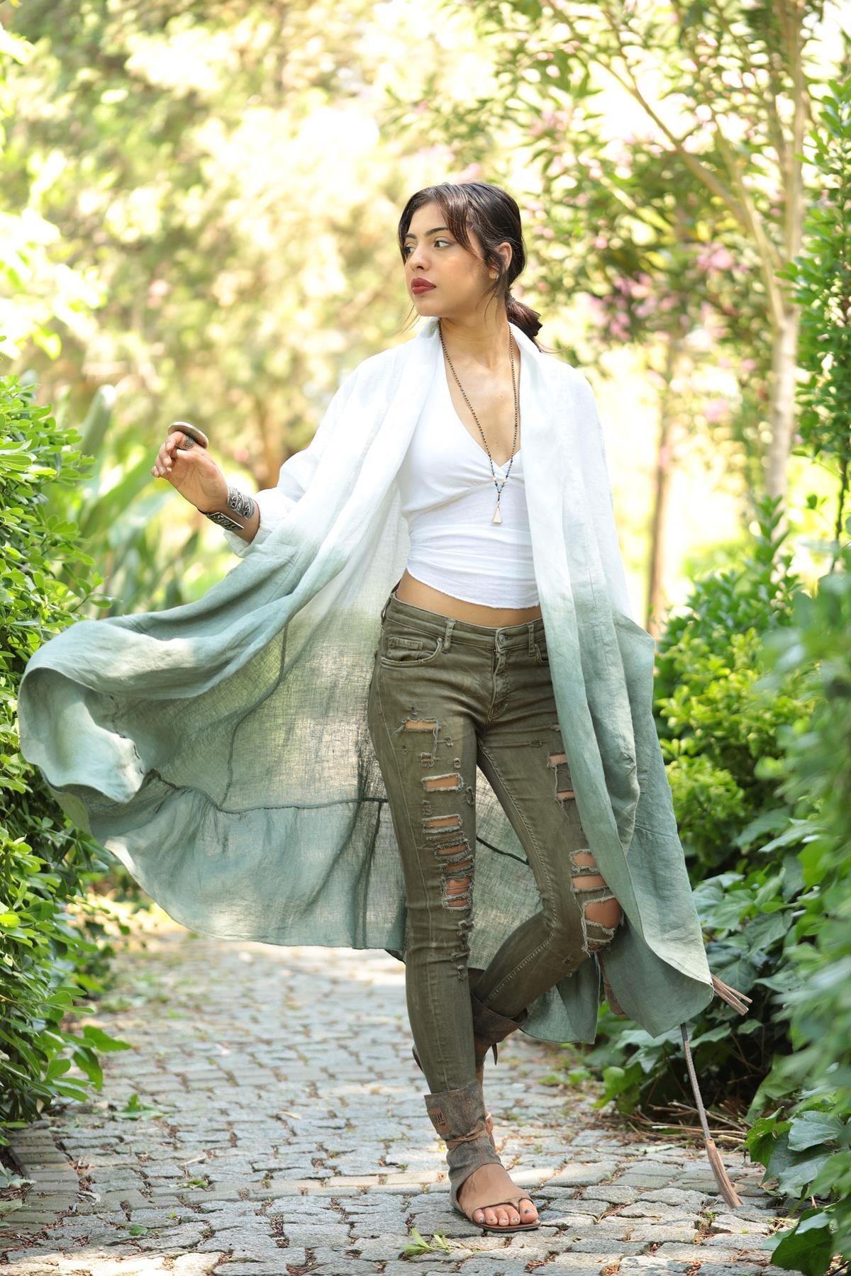 Çift Renkli Büyük Cepli Keten Kaftan - Şaman Butik Çift Renkli Büyük Cepli Keten Kaftan