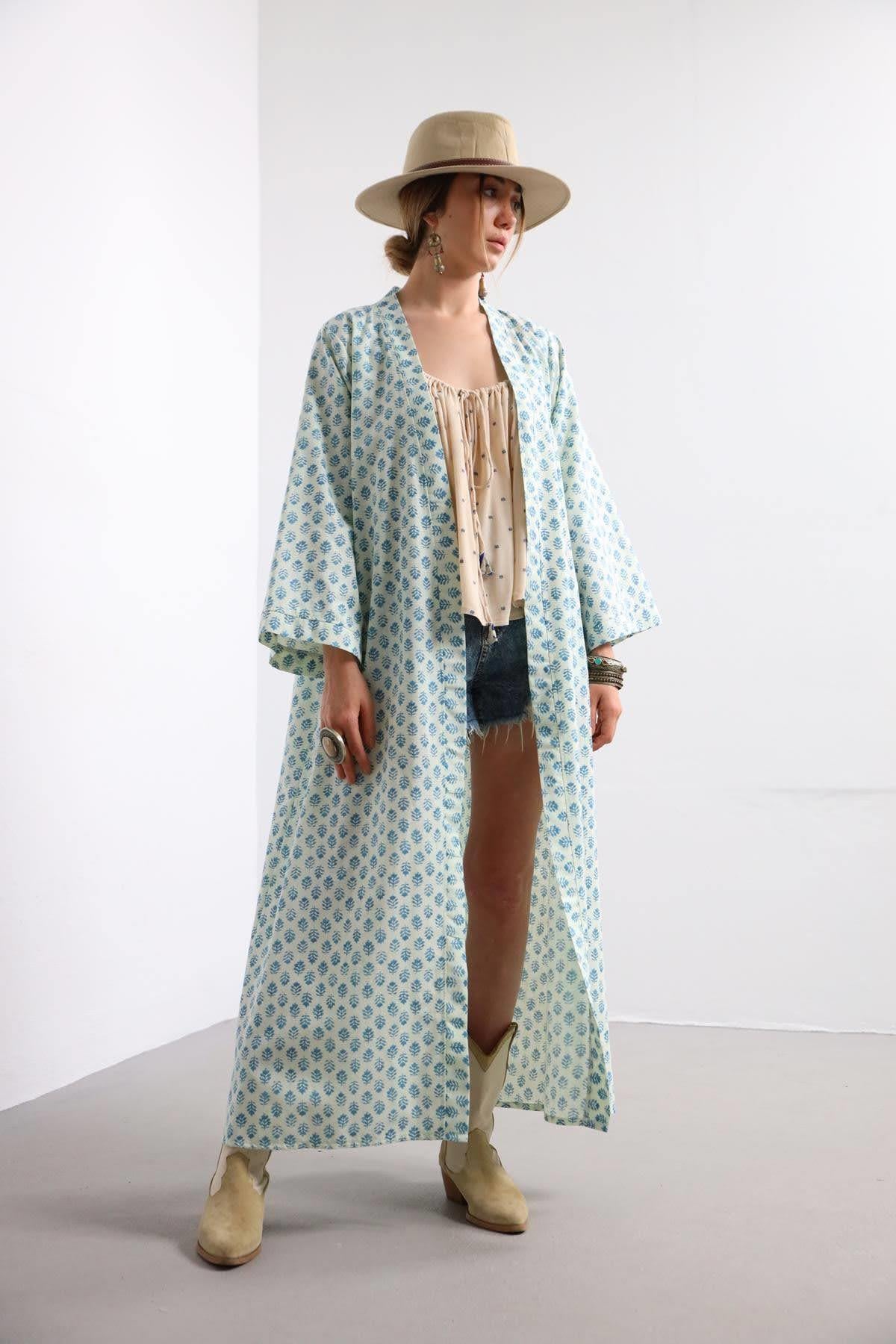 Ekru Desenli Salaş Kaftan - Şaman Butik Ekru Desenli Salaş Kaftan