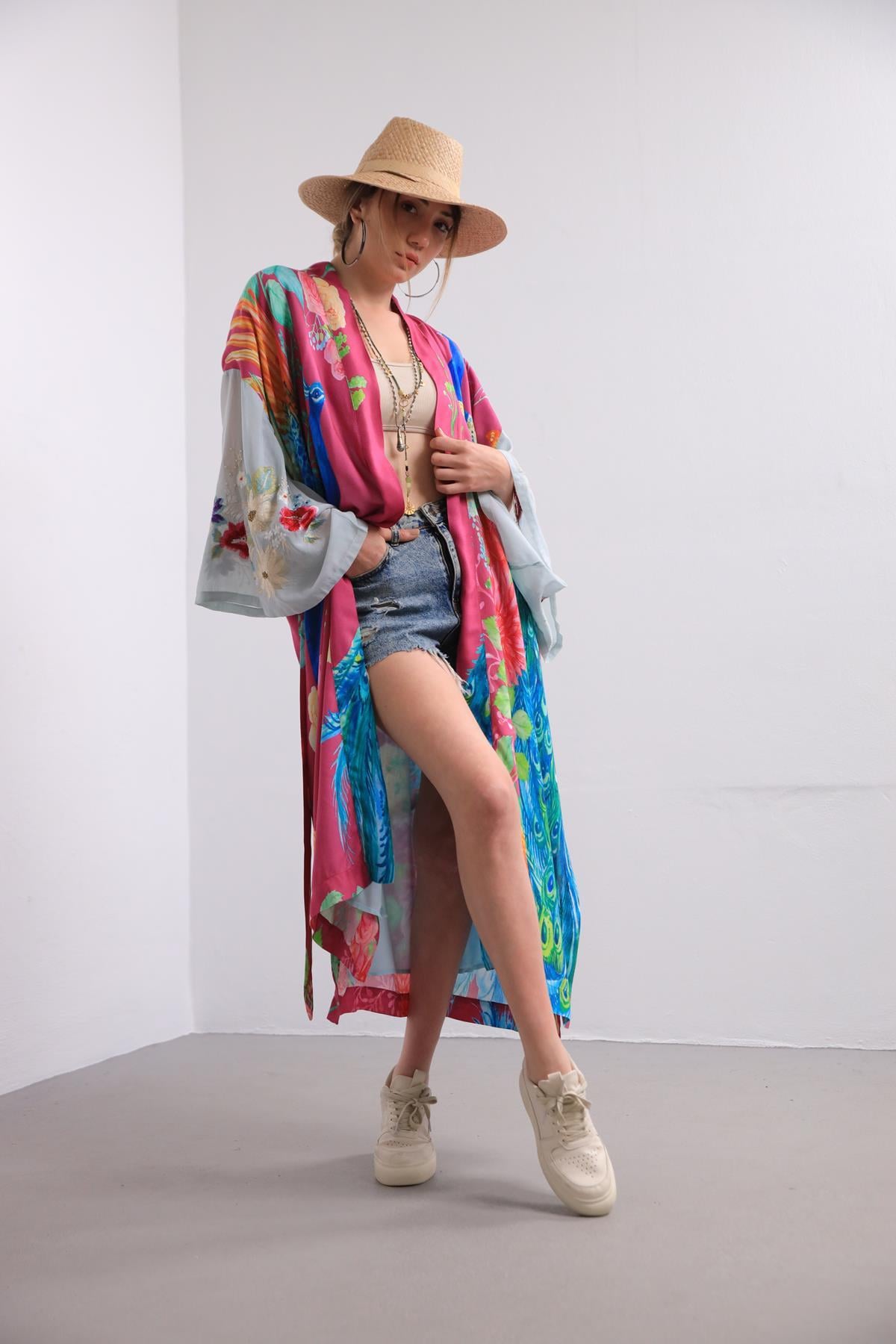  Fuşya Kuş Figürlü Bohem Kaftan