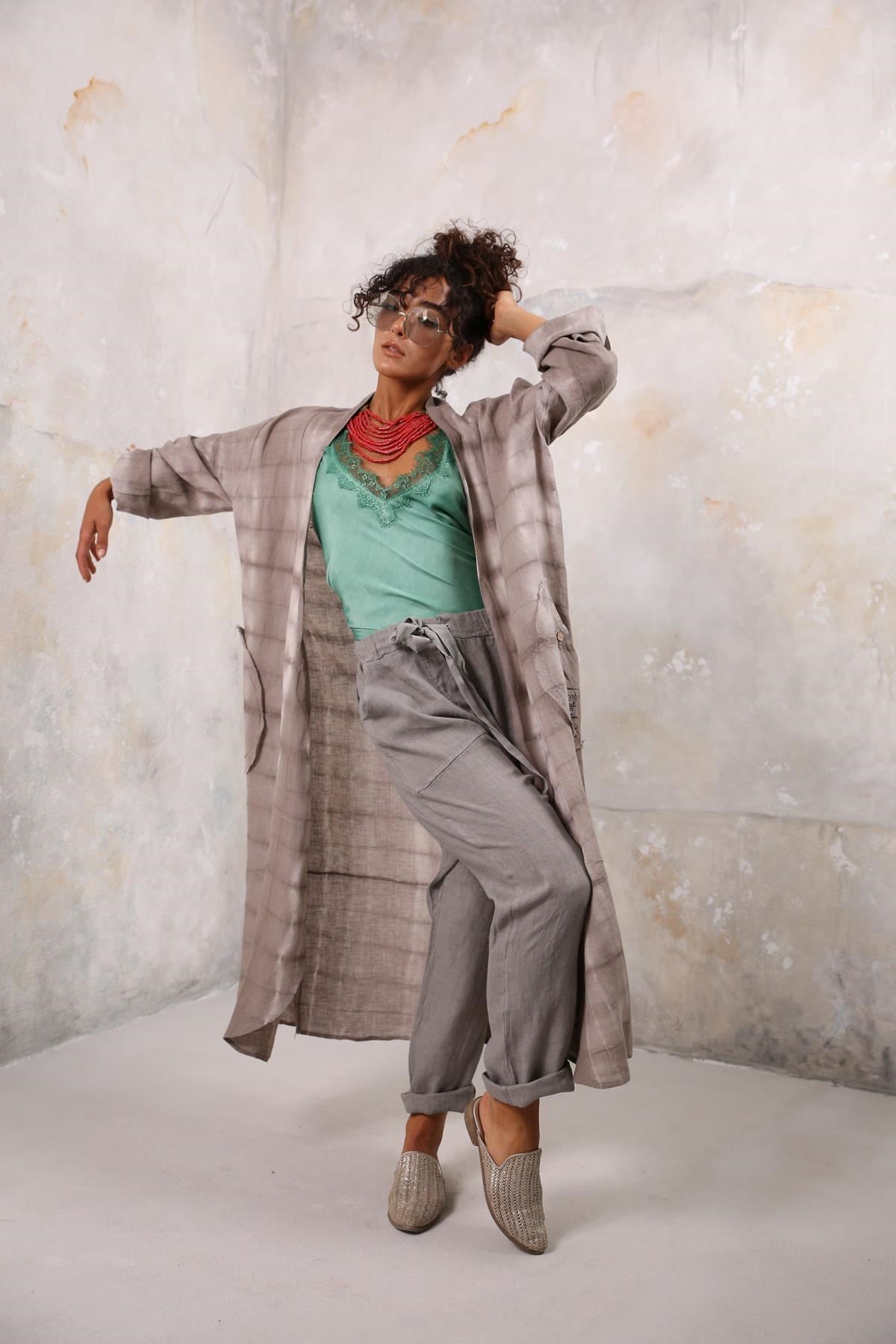 Gri Batikli Keten Kaftan - Şaman Butik Gri Batikli Keten Kaftan