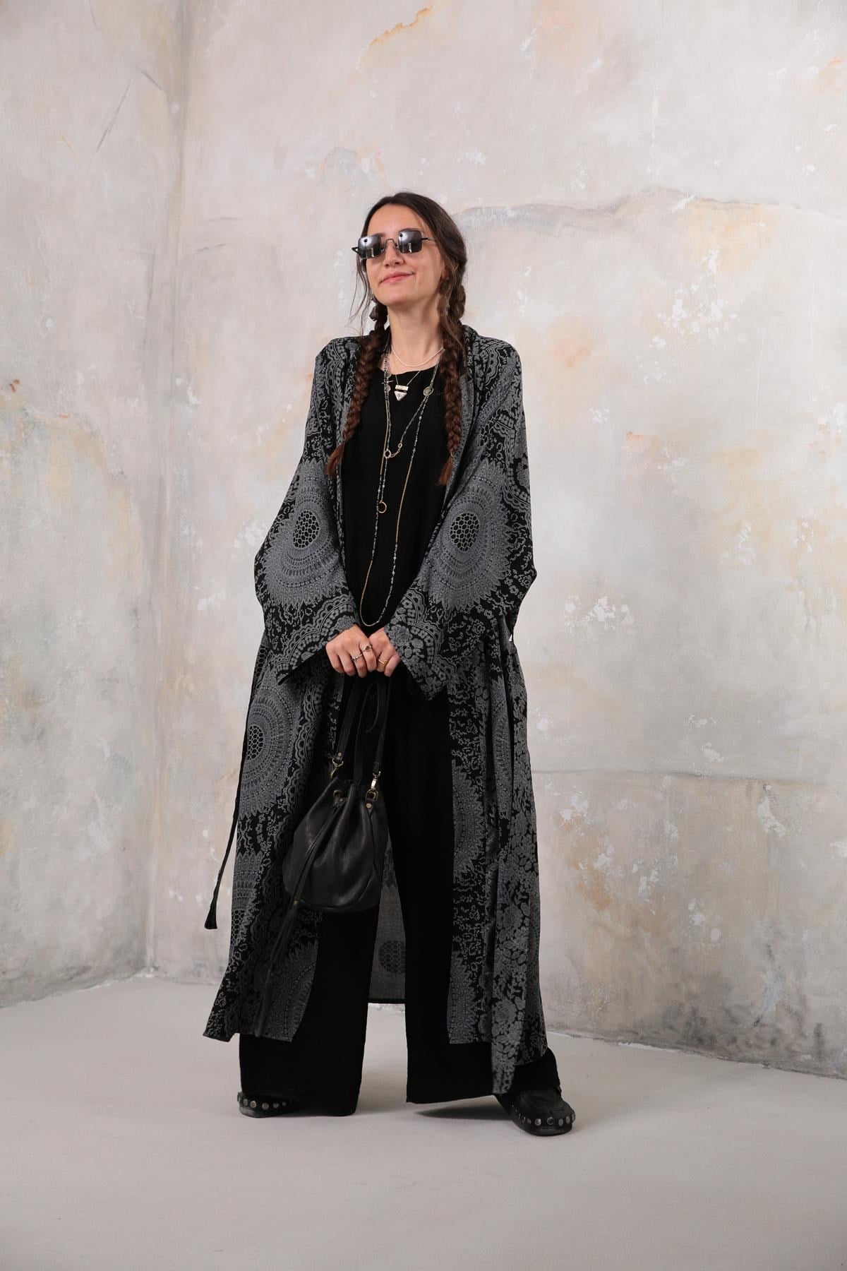 Gri Desenli Kaftan - Şaman Butik - Bohem Giyim ve Aksesuar | Kadın & Erkek Gri Desenli Kaftan