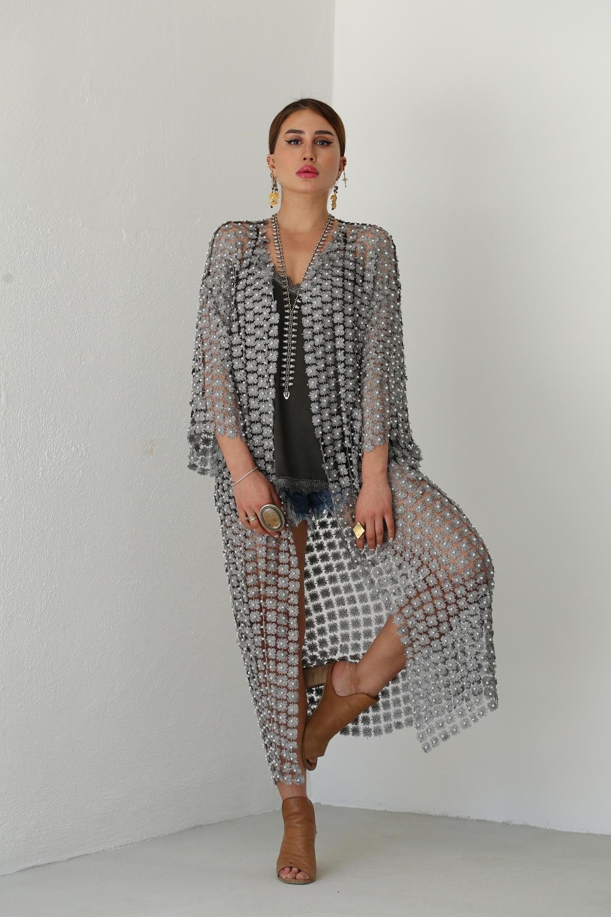 Grey Pearl Knitted Caftan Saman Butik Shop Online