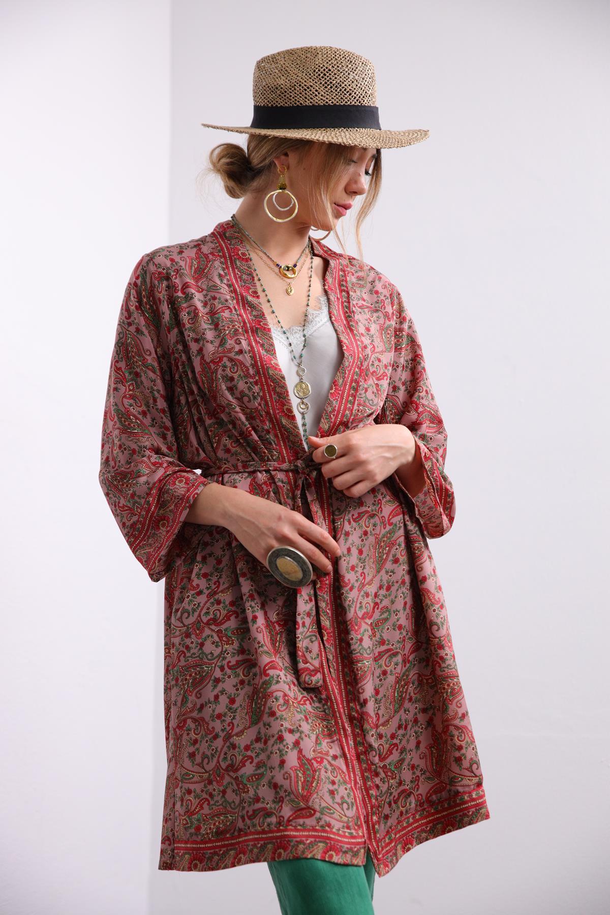 Dusty Rose Patterned Short Silk Kimono - Saman Butik | Shop Online Dusty Rose Patterned Short Silk Kimono
