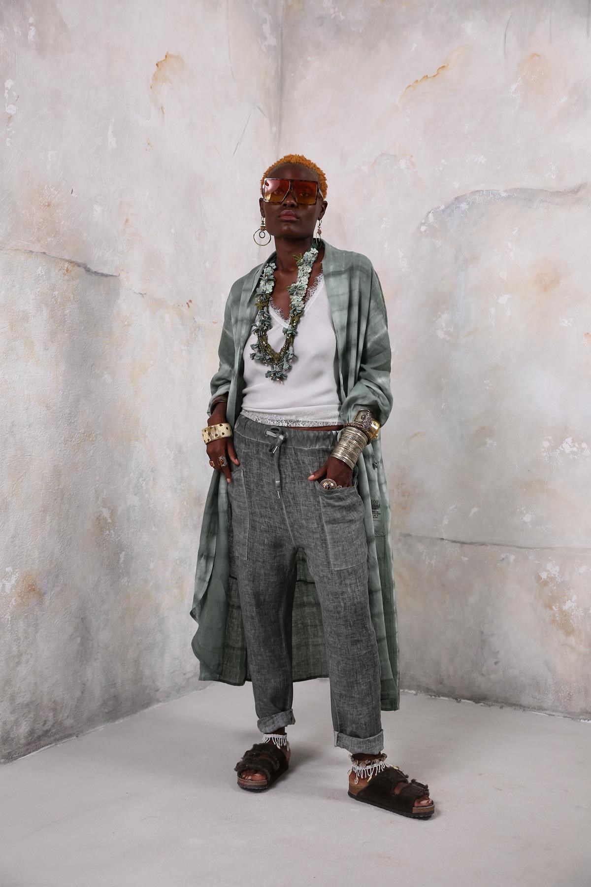 Haki Batikli Keten Kaftan - Şaman Butik Haki Batikli Keten Kaftan