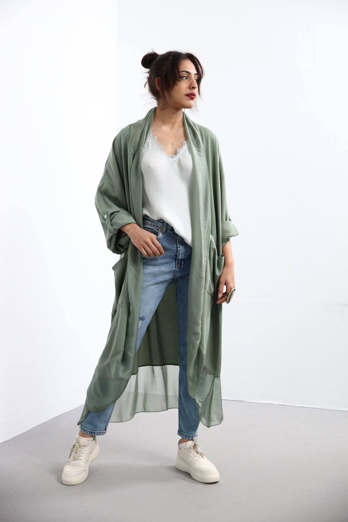 Haki Cepli İpek Detaylı Kaftan - Şaman Butik - Bohem Giyim ve Aksesuar | Kadın & Erkek Haki Cepli İpek Detaylı Kaftan