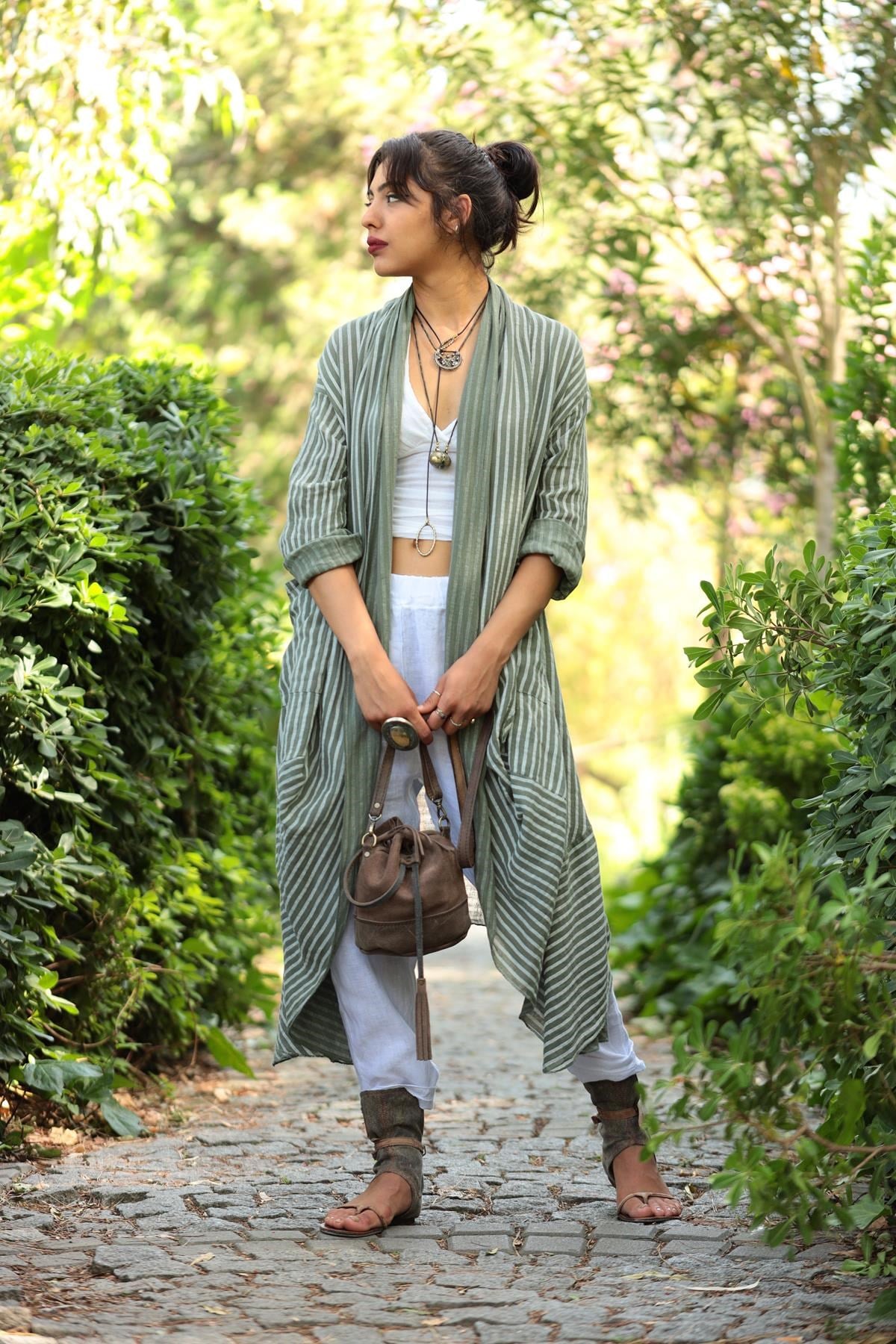 Haki Çizgili Cepli Kaftan - Şaman Butik Haki Çizgili Cepli Kaftan