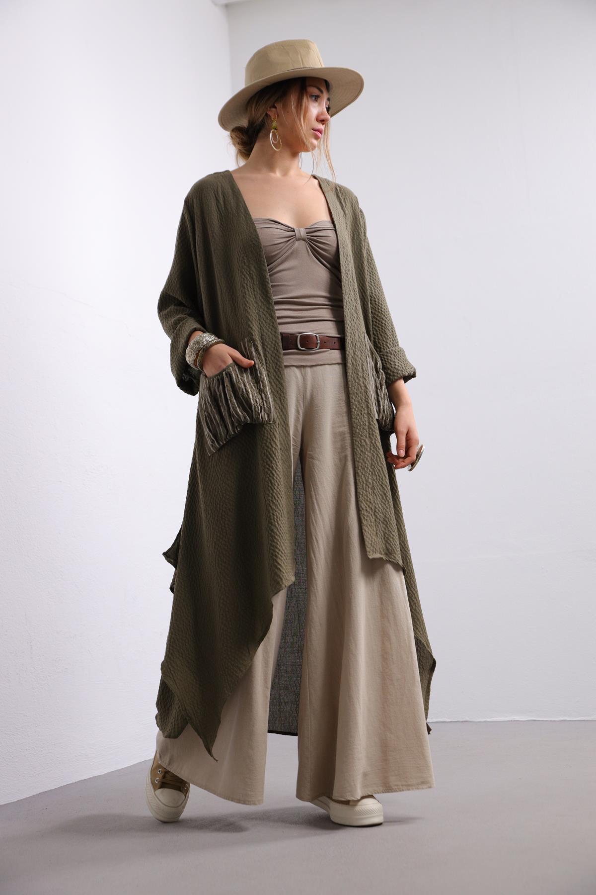 Haki Gofre Kaftan - Şaman Butik Haki Gofre Kaftan