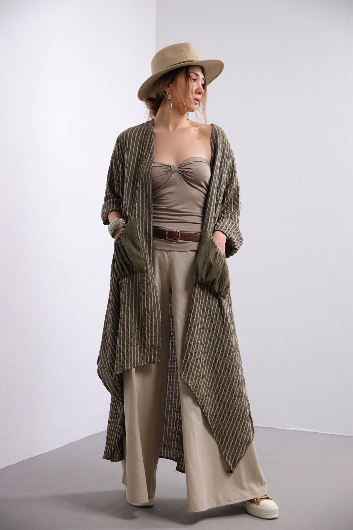 Haki Gofre Kaftan - Şaman Butik Haki Gofre Kaftan