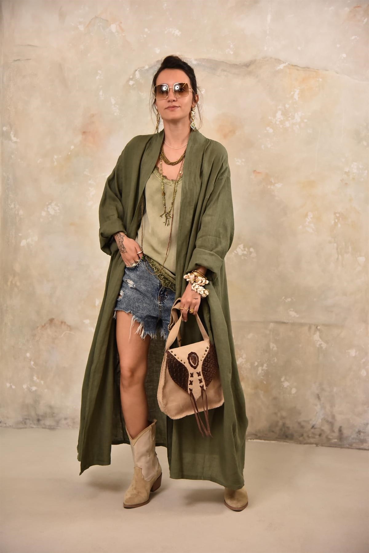 Haki Kulaklı Keten Kaftan - Şaman Butik Haki Kulaklı Keten Kaftan