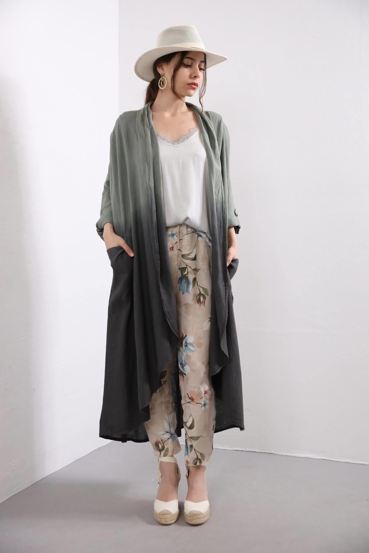 Haki Renk Geçişli Keten Kaftan - Şaman Butik Haki Renk Geçişli Keten Kaftan
