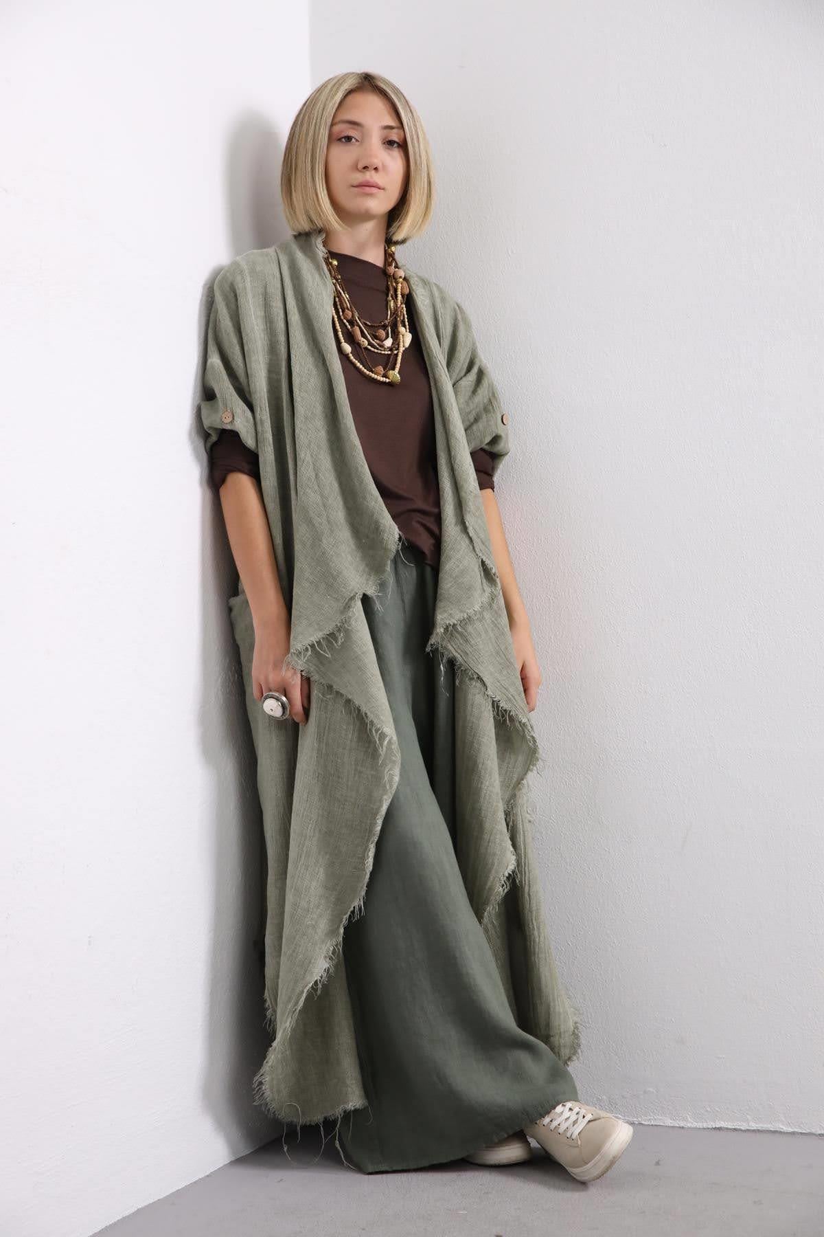 Haki Saçaklı Kolu Apoletli Keten Kaftan - Şaman Butik Haki Saçaklı Kolu Apoletli Keten Kaftan