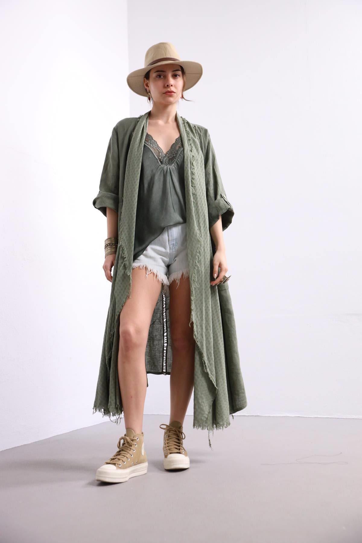Haki Sırt Detaylı Keten Kaftan - Şaman Butik - Bohem Giyim ve Aksesuar | Kadın & Erkek Haki Sırt Detaylı Keten Kaftan