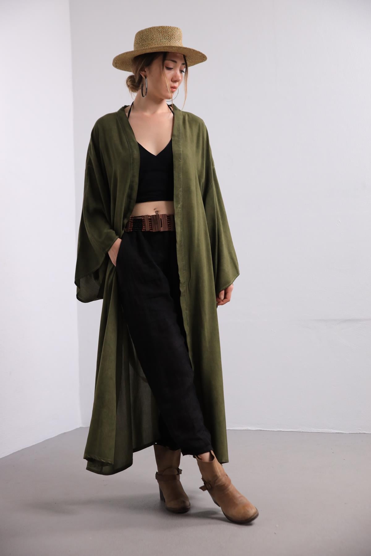 Haki Yağ Yıkama Kaftan - Şaman Butik Haki Yağ Yıkama Kaftan