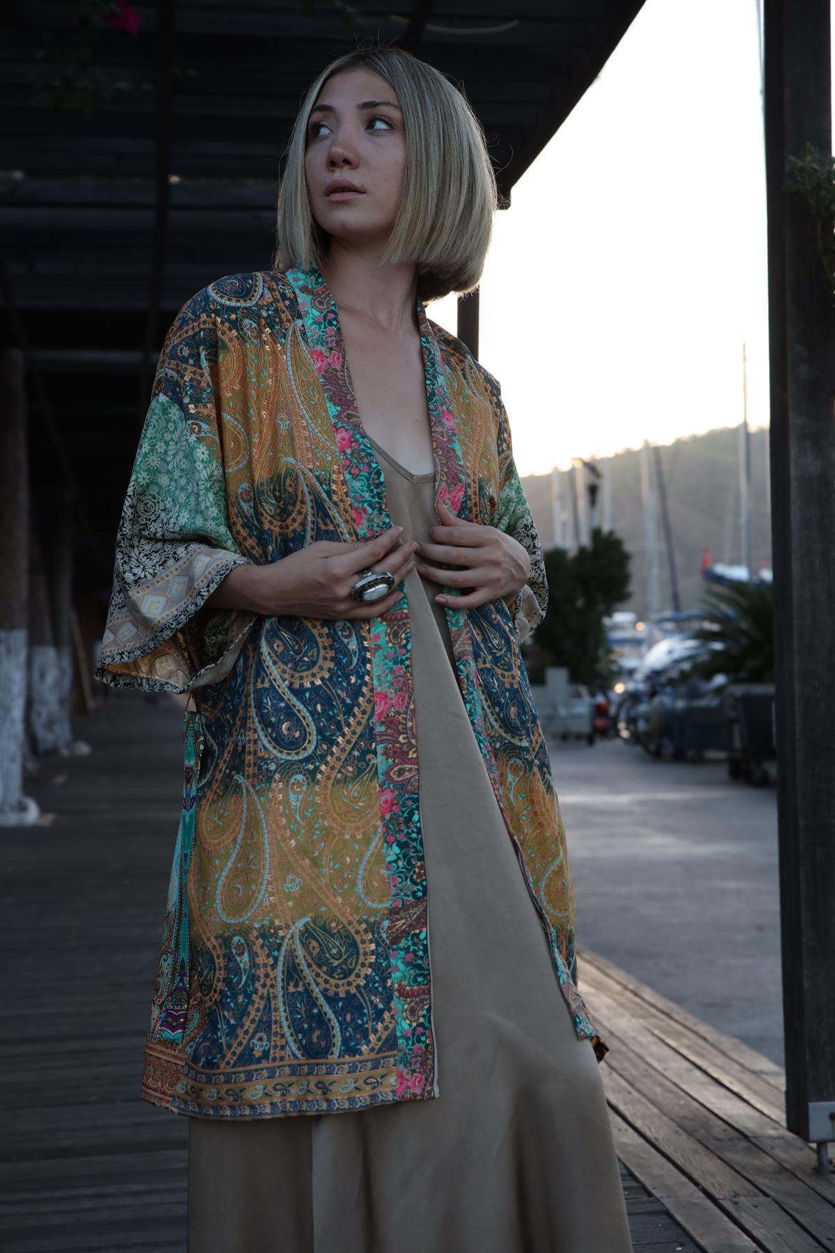 Hardal Renk Geçişli İpek Kaftan - Şaman Butik Hardal Renk Geçişli İpek Kaftan