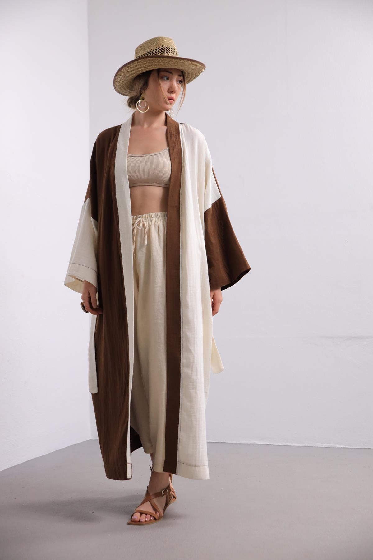 Kahverengi Ekru Şeritli Kaftan - Şaman Butik Kahverengi Ekru Şeritli Kaftan