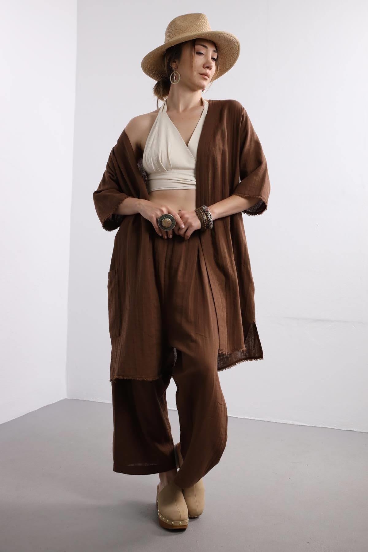 Kahverengi Püsküllü Müslin Kaftan - Şaman Butik Kahverengi Püsküllü Müslin Kaftan