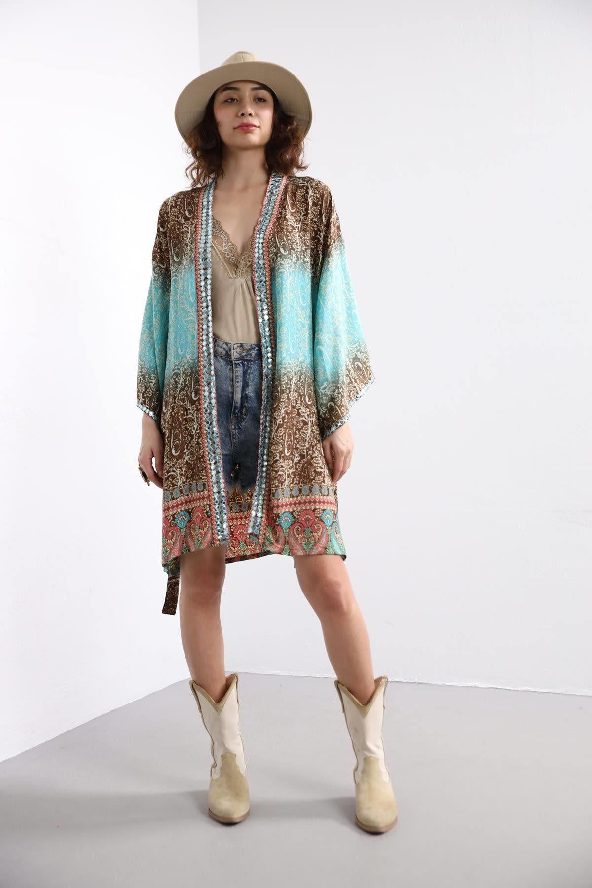 Kahverengi Şal Desen Pullu Kaftan - Şaman Butik Kahverengi Şal Desen Pullu Kaftan