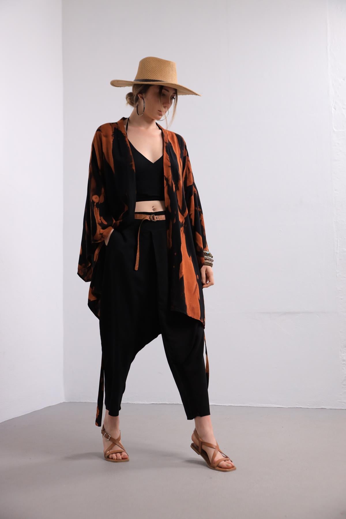 Kiremit Rengi Batikli Kısa Kaftan - Şaman Butik Kiremit Rengi Batikli Kısa Kaftan