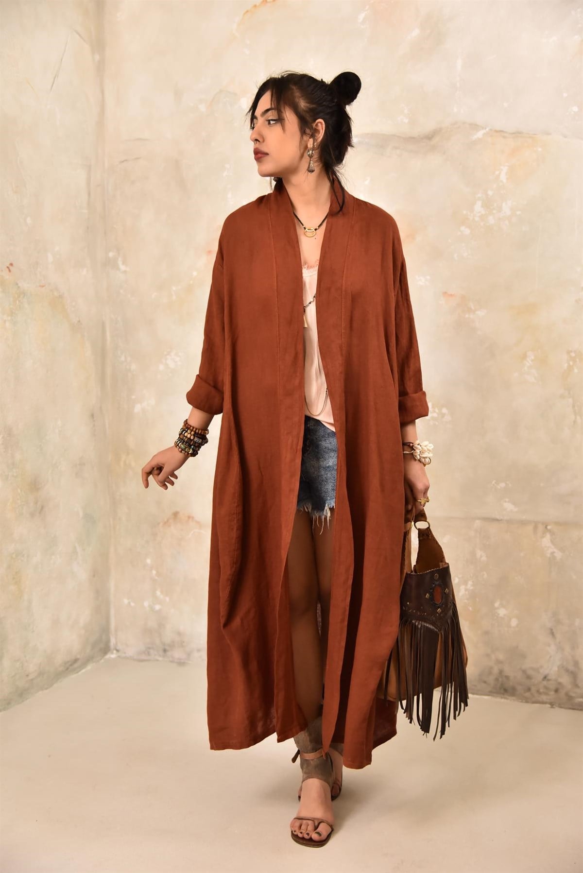 Kiremit Rengi Kulaklı Keten Kaftan - Şaman Butik Kiremit Rengi Kulaklı Keten Kaftan