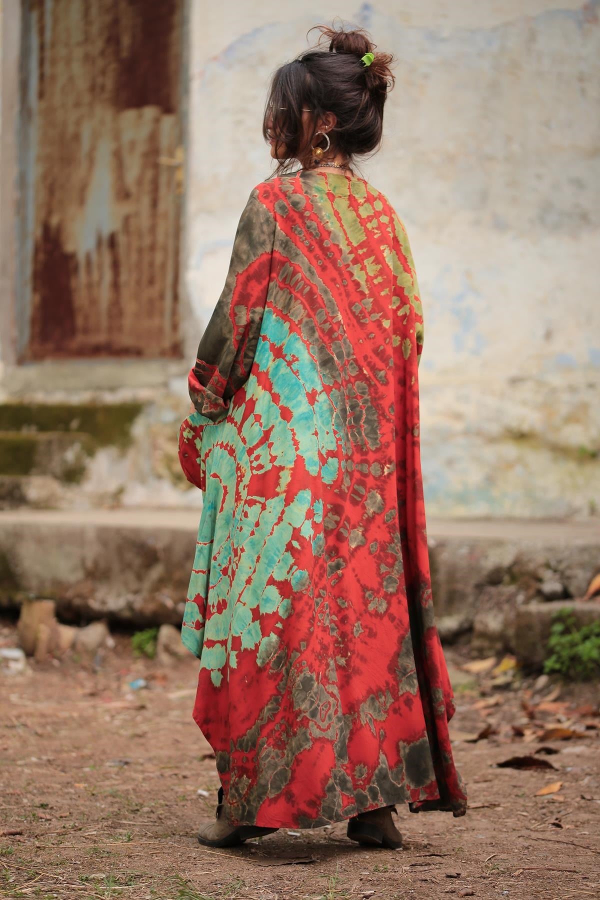  Kırmızı Batik Desenli Cep Detay Kaftan 
