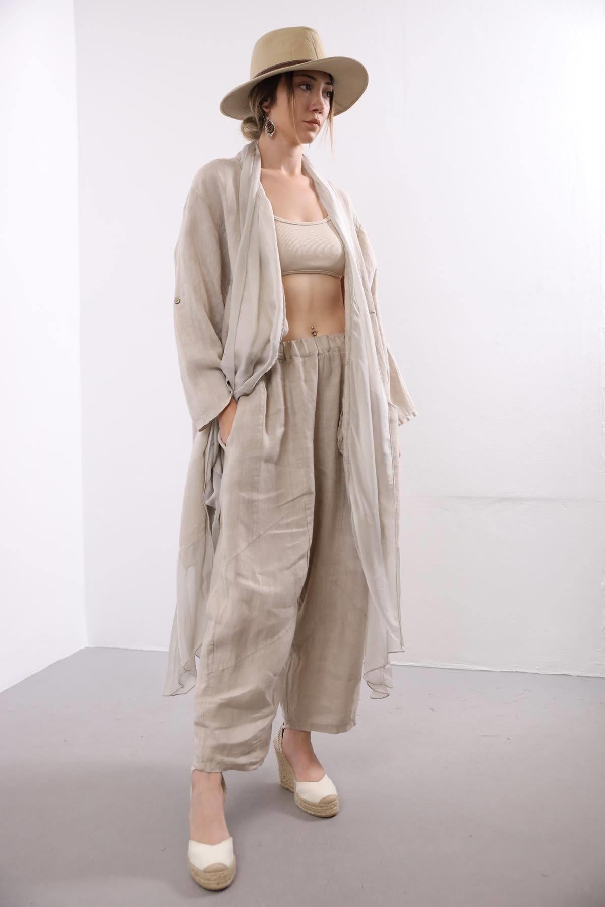 Krem Rengi İpek Detaylı Cepli Kaftan - Şaman Butik Krem Rengi İpek Detaylı Cepli Kaftan