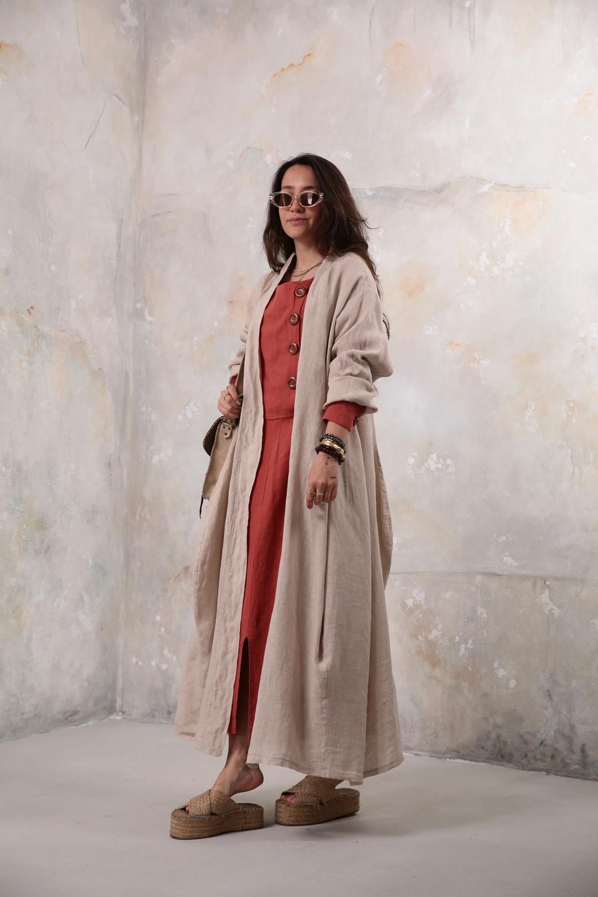 Krem Rengi Kulaklı Keten Kaftan - Şaman Butik Krem Rengi Kulaklı Keten Kaftan