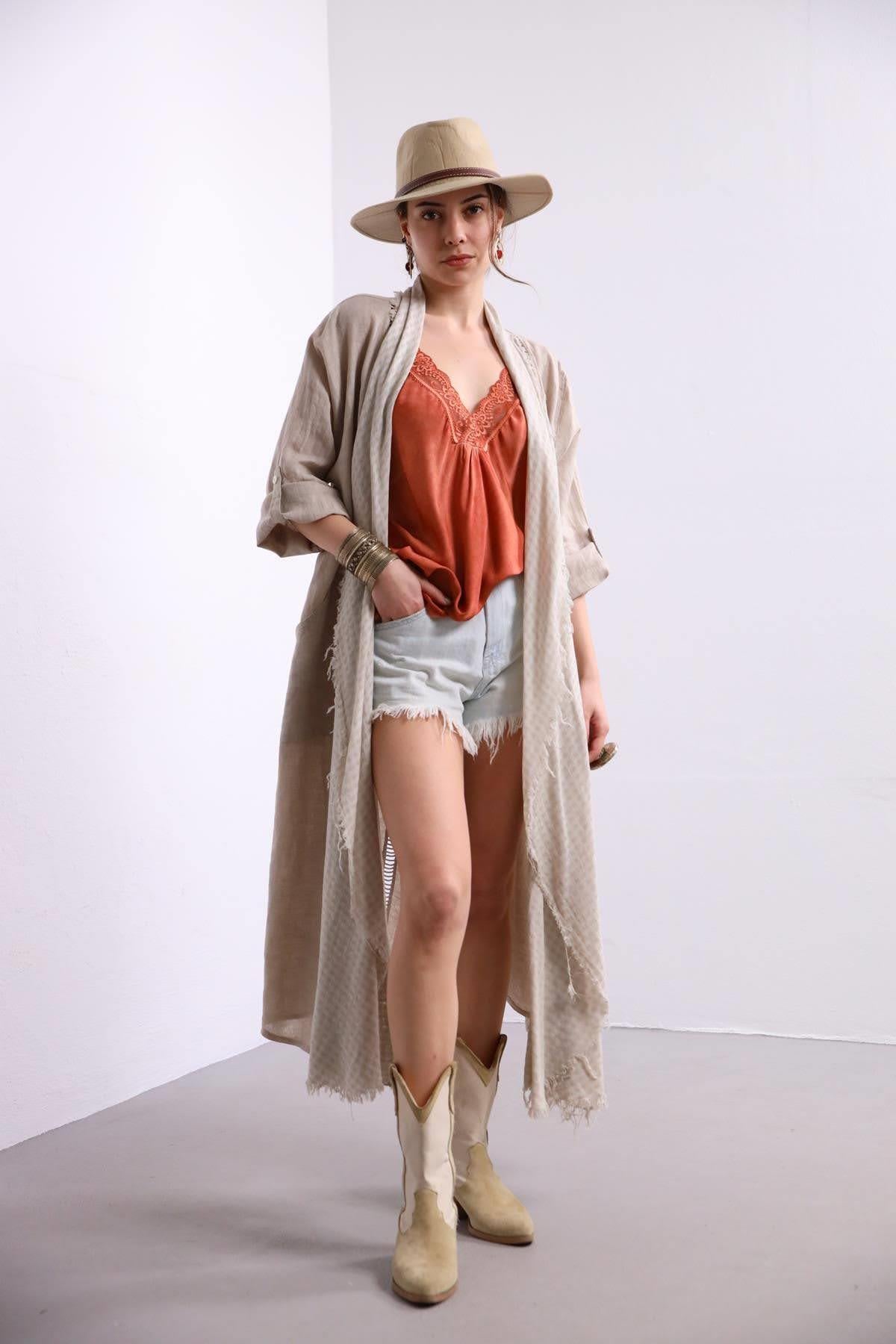 Cream Back Detailed Linen Caftan - Saman Butik | Shop Online Cream Back Detailed Linen Caftan