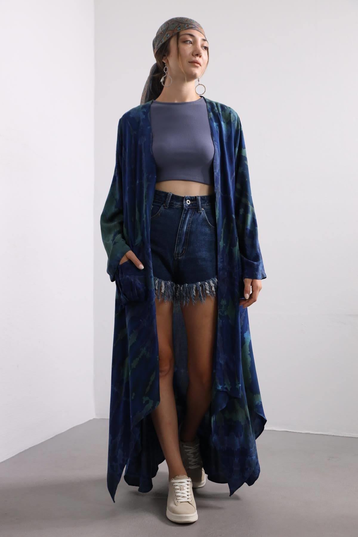 Lacivert Batik Desenli Cep Detay Kaftan