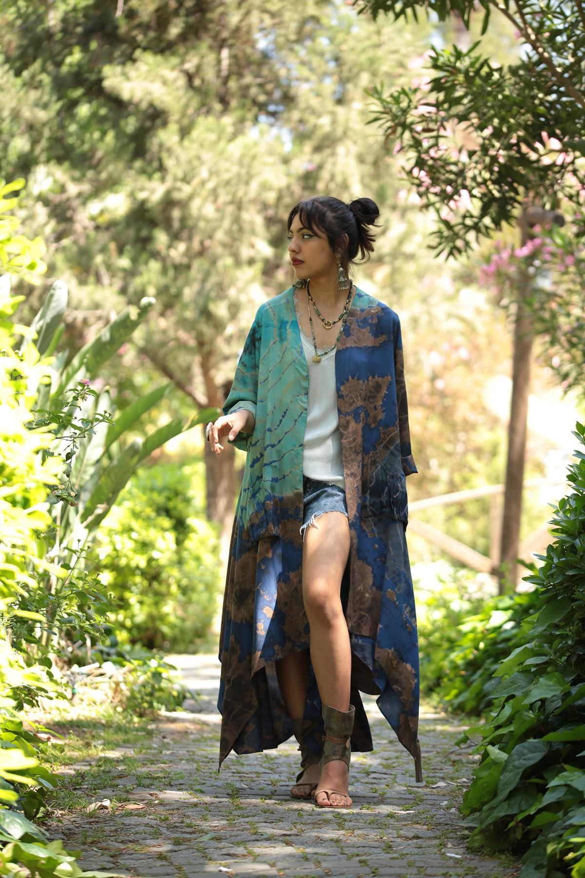  Lacivert Batik Desenli Cep Detay Kaftan 