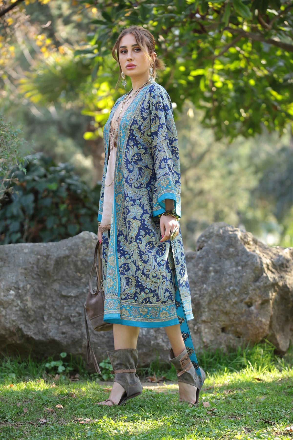 Navy Blue Paisley Patterned Kimono - Saman Butik | Shop Online