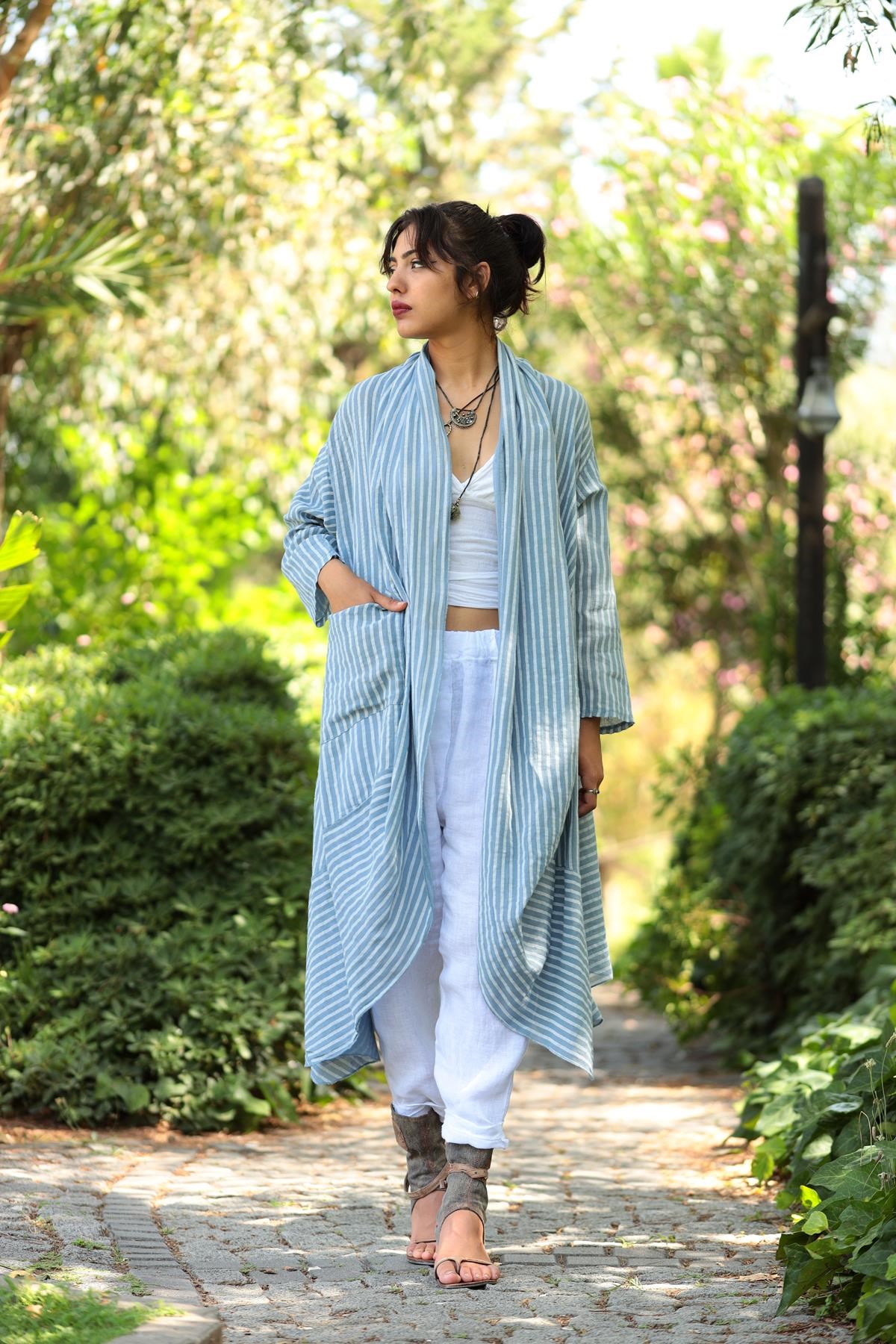 Mavi Çizgili Cepli Kaftan - Şaman Butik Mavi Çizgili Cepli Kaftan