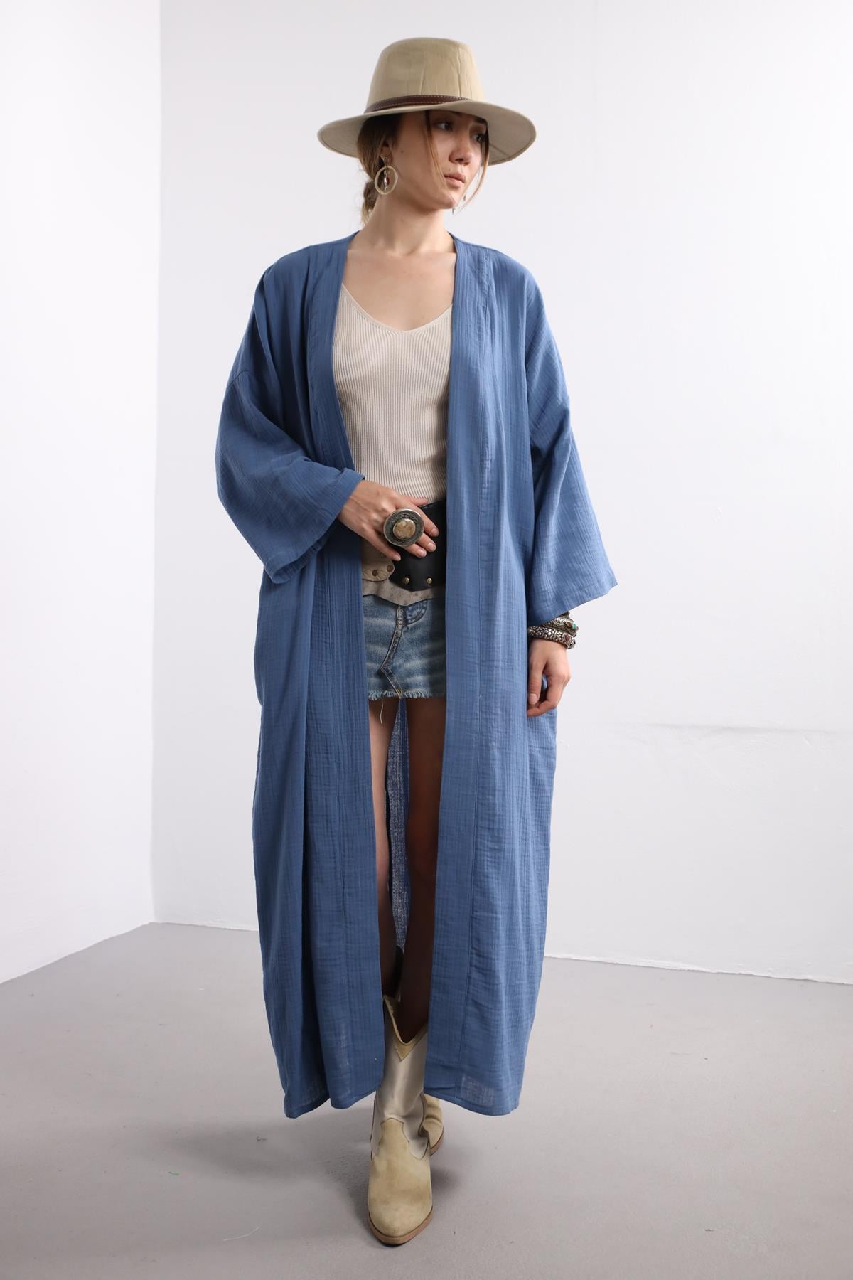  Mavi Kuşaklı Uzun Kaftan