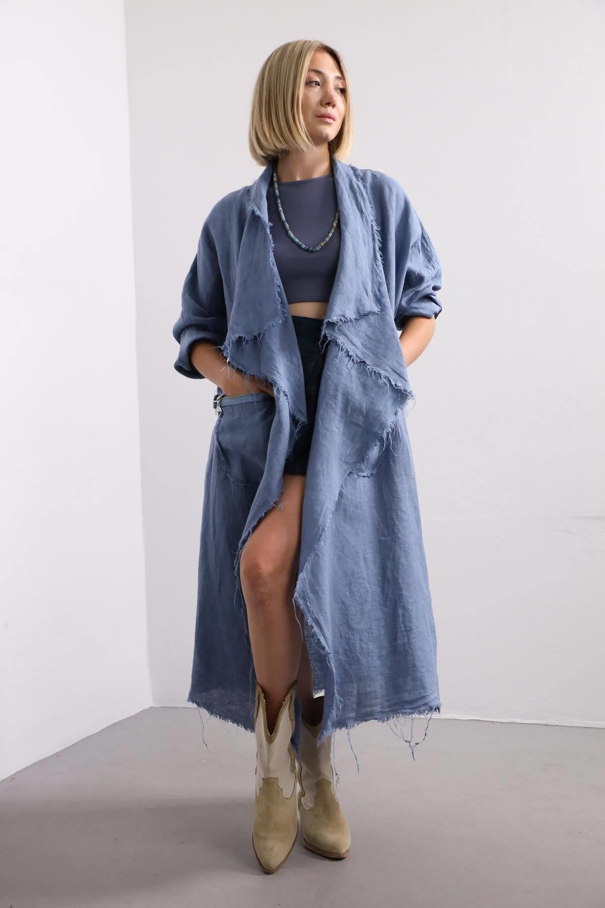 Mavi Saçaklı Cebi Fermuarlı Keten Kaftan - Şaman Butik Mavi Saçaklı Cebi Fermuarlı Keten Kaftan