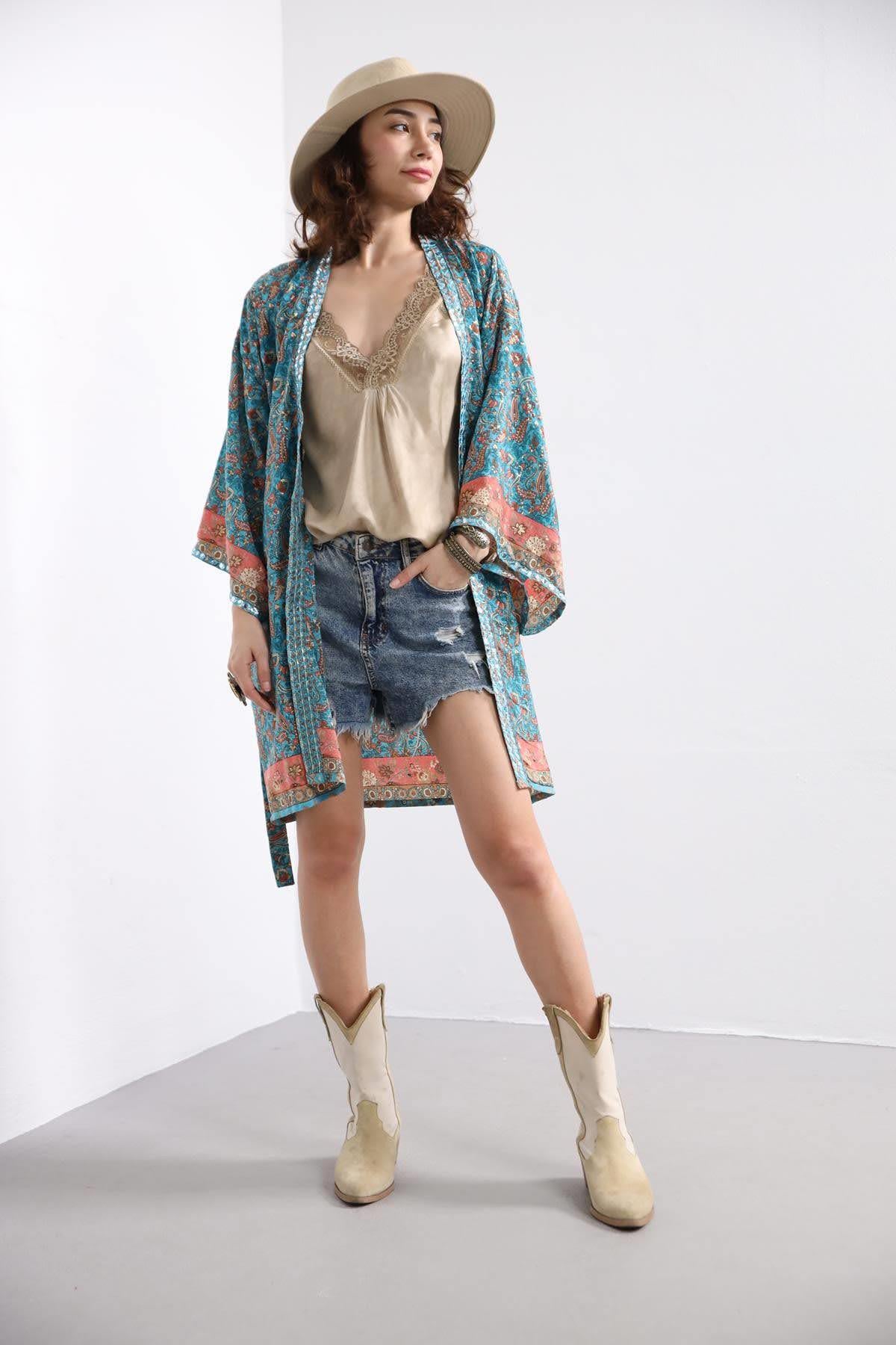 Mavi Şal Desen Pullu Kaftan - Şaman Butik Mavi Şal Desen Pullu Kaftan