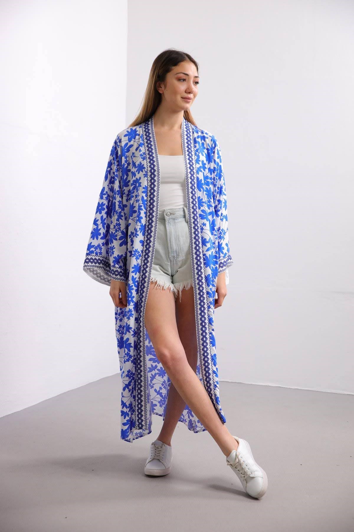 Mavi Yaprak Desenli Kimono - Şaman Butik Mavi Yaprak Desenli Kimono
