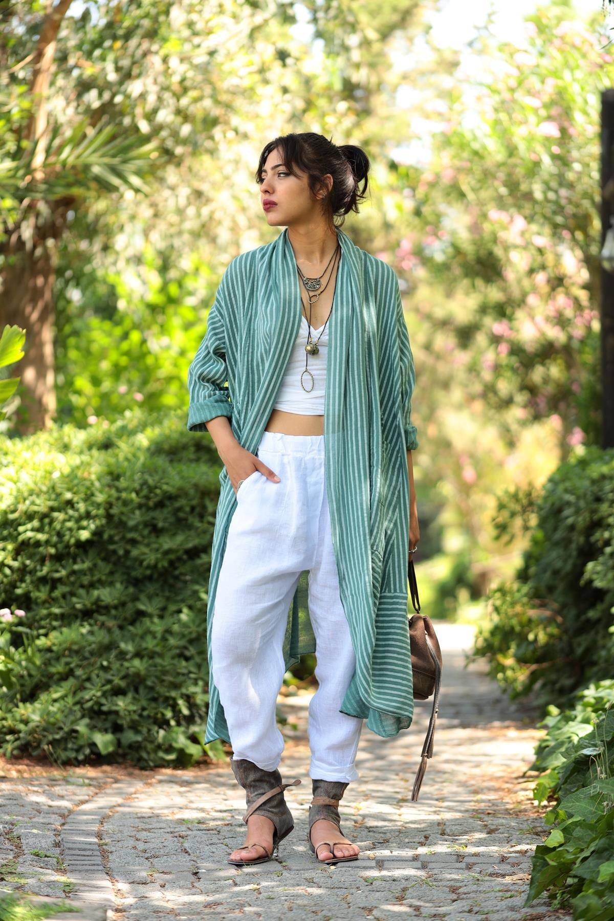 Mint Yeşili Çizgili Cepli Kaftan - Şaman Butik Mint Yeşili Çizgili Cepli Kaftan