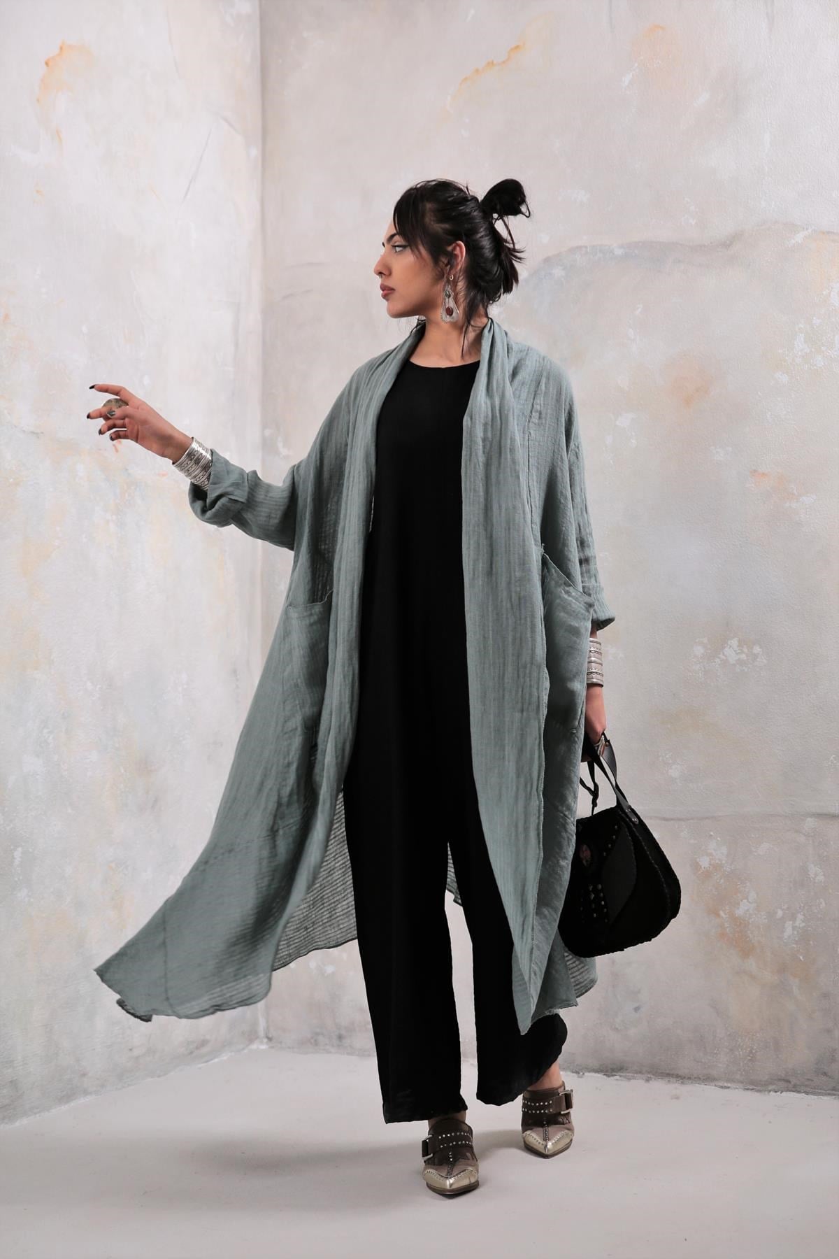 Mint Yeşili Fileli Büyük Cepli Kaftan - Şaman Butik Mint Yeşili Fileli Büyük Cepli Kaftan