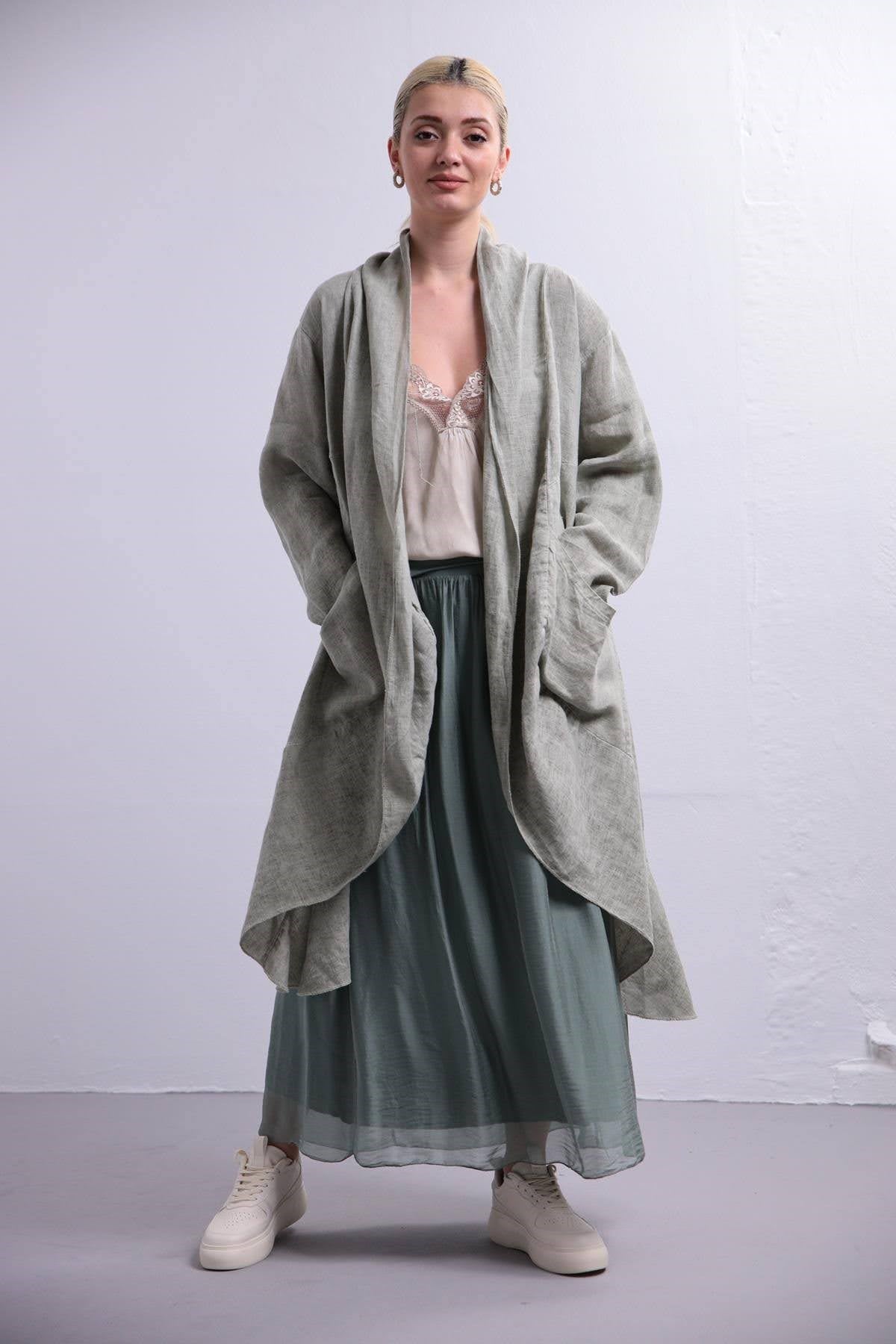 Mint Yeşili Şal Yaka Yağ Yıkama Kaftan - Şaman Butik Mint Yeşili Şal Yaka Yağ Yıkama Kaftan