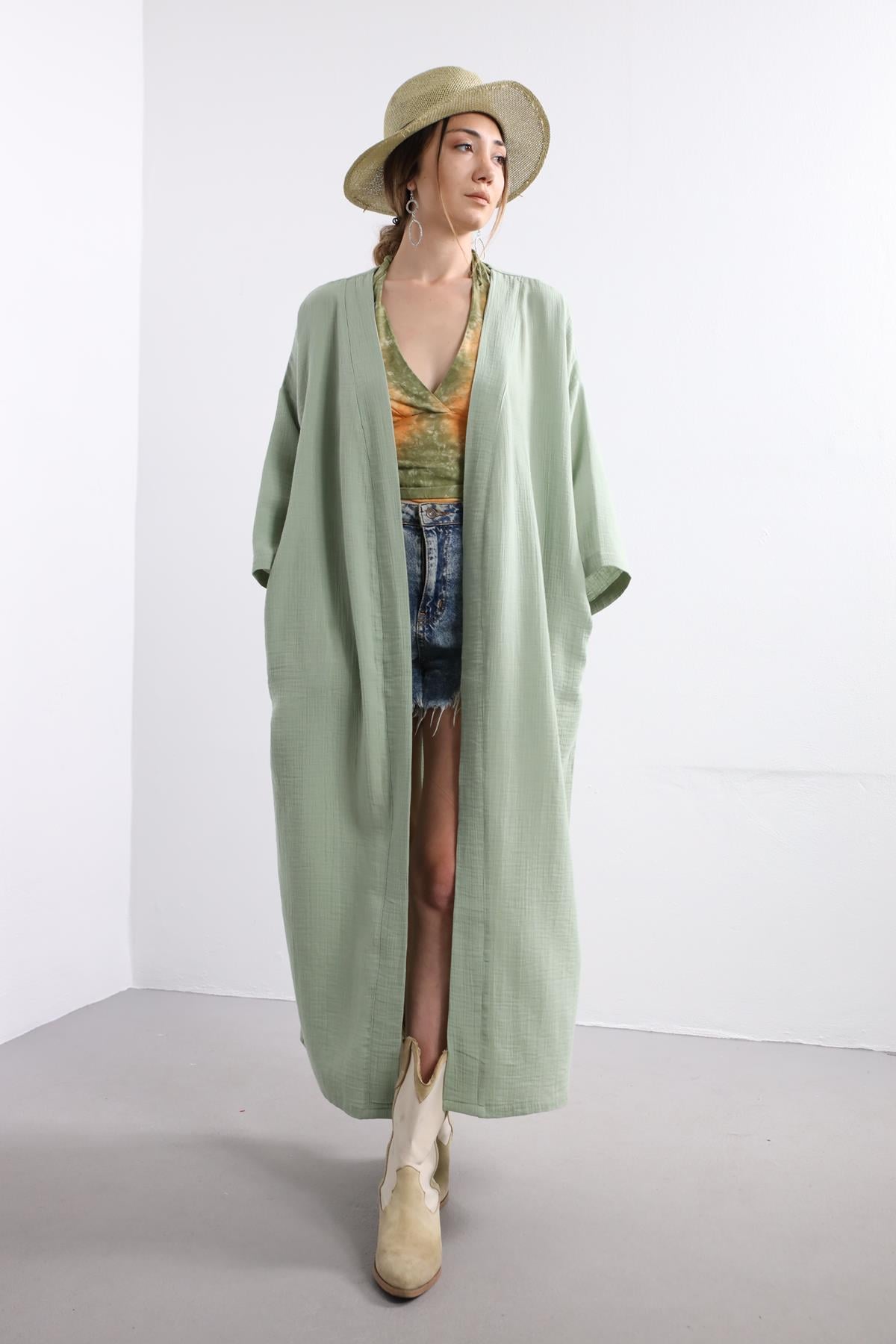 Mint Yeşili Uzun Kaftan - Şaman Butik Mint Yeşili Uzun Kaftan